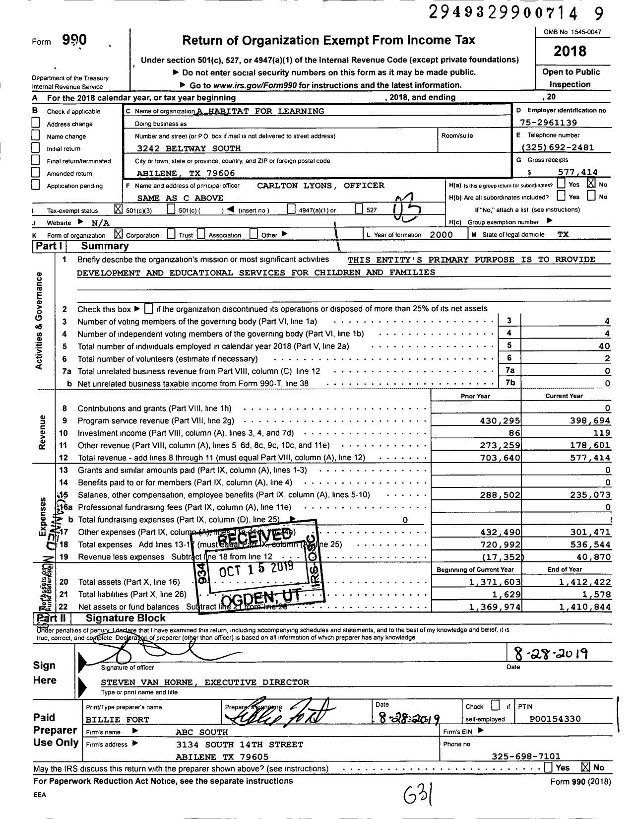 Image of first page of 2018 Form 990 for A Habitat for Learning