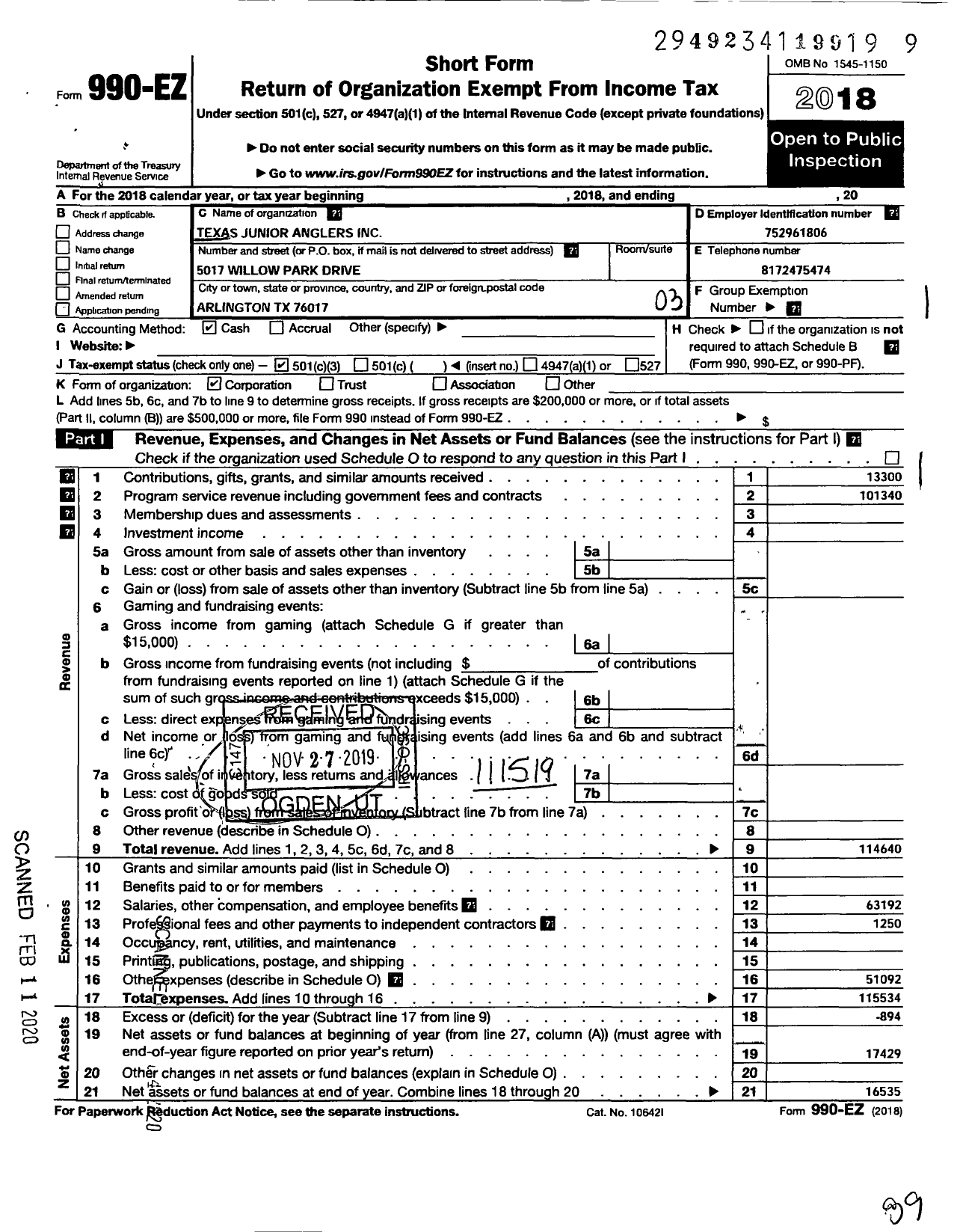 Image of first page of 2018 Form 990EZ for Texas Junior Anglers