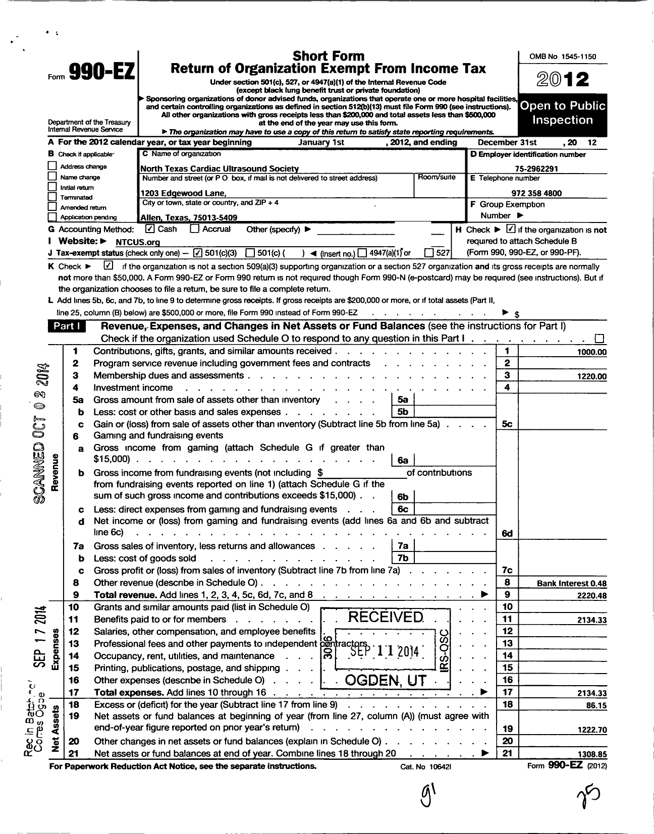 Image of first page of 2012 Form 990EZ for North Texas Cardiac Ultrasound Society