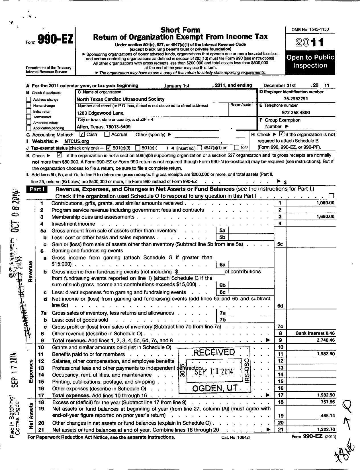 Image of first page of 2011 Form 990EZ for North Texas Cardiac Ultrasound Society