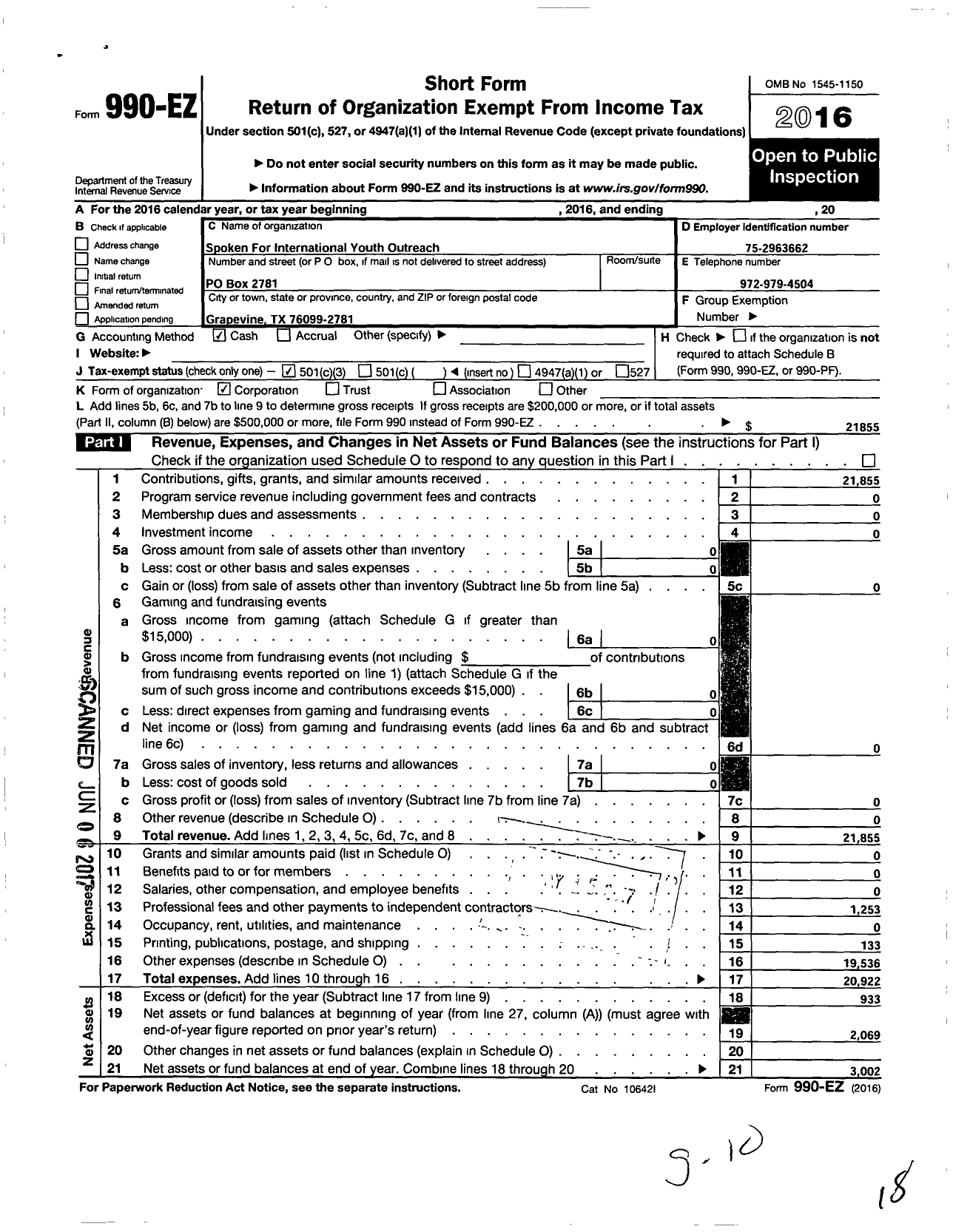 Image of first page of 2016 Form 990EZ for Spoken For-International Youth Outreach