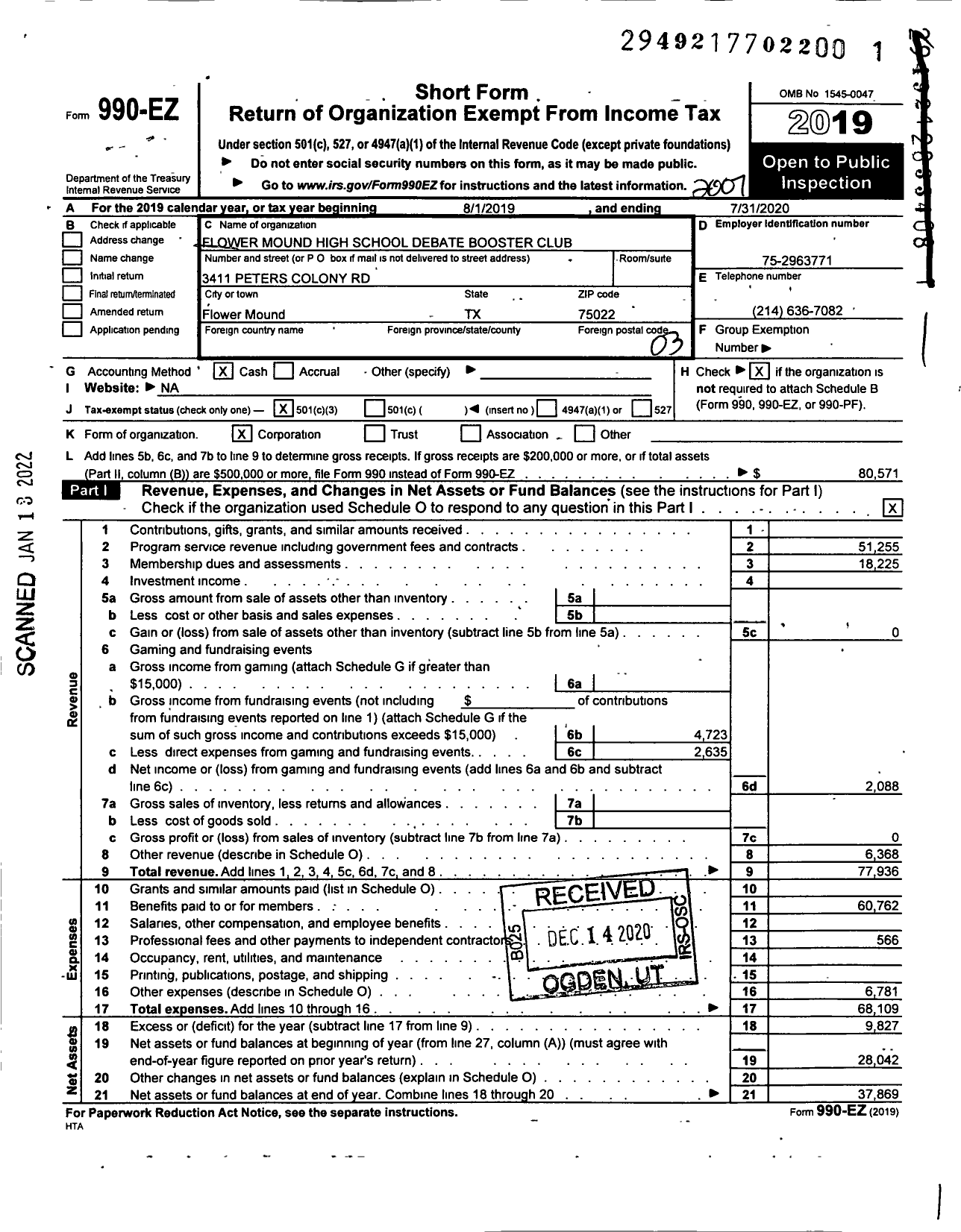 Image of first page of 2019 Form 990EZ for Flower Mound High School Debate Booster Club