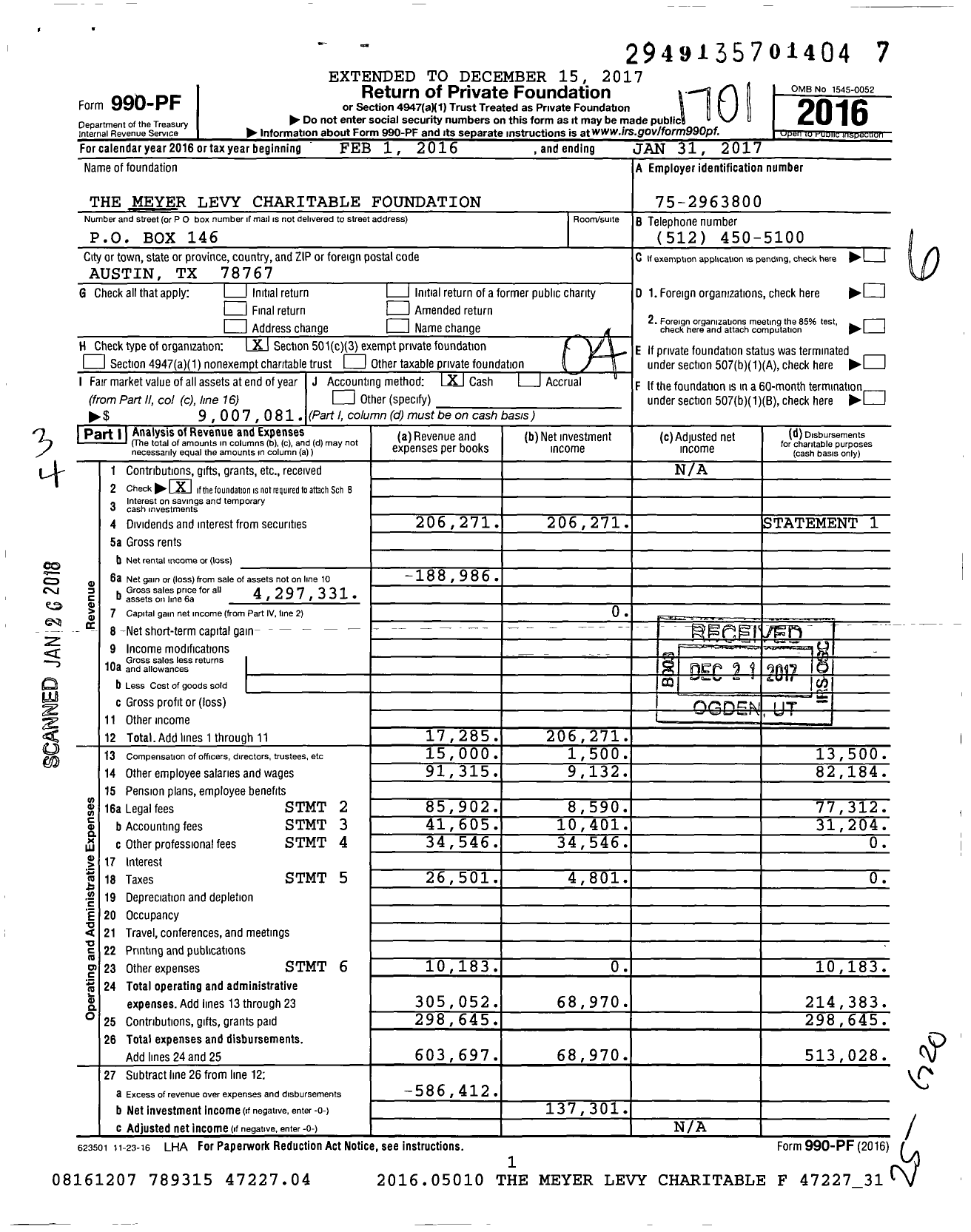 Image of first page of 2016 Form 990PF for Meyer Levy Charitable Foundation