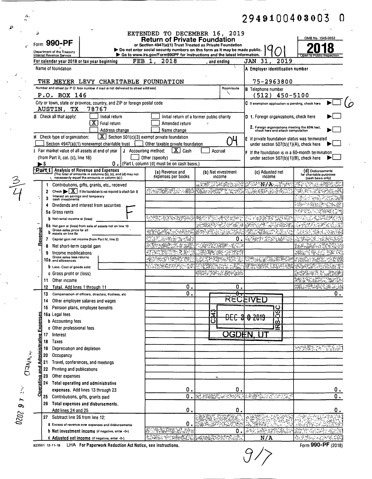 Image of first page of 2018 Form 990PR for Meyer Levy Charitable Foundation