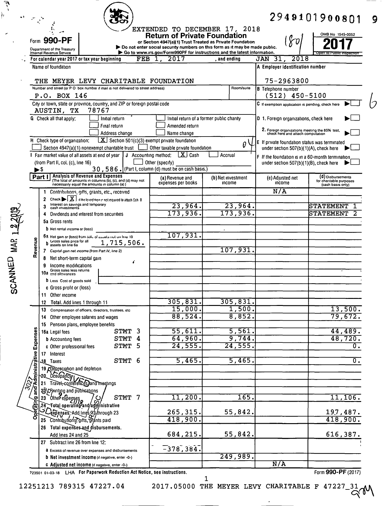 Image of first page of 2017 Form 990PF for Meyer Levy Charitable Foundation