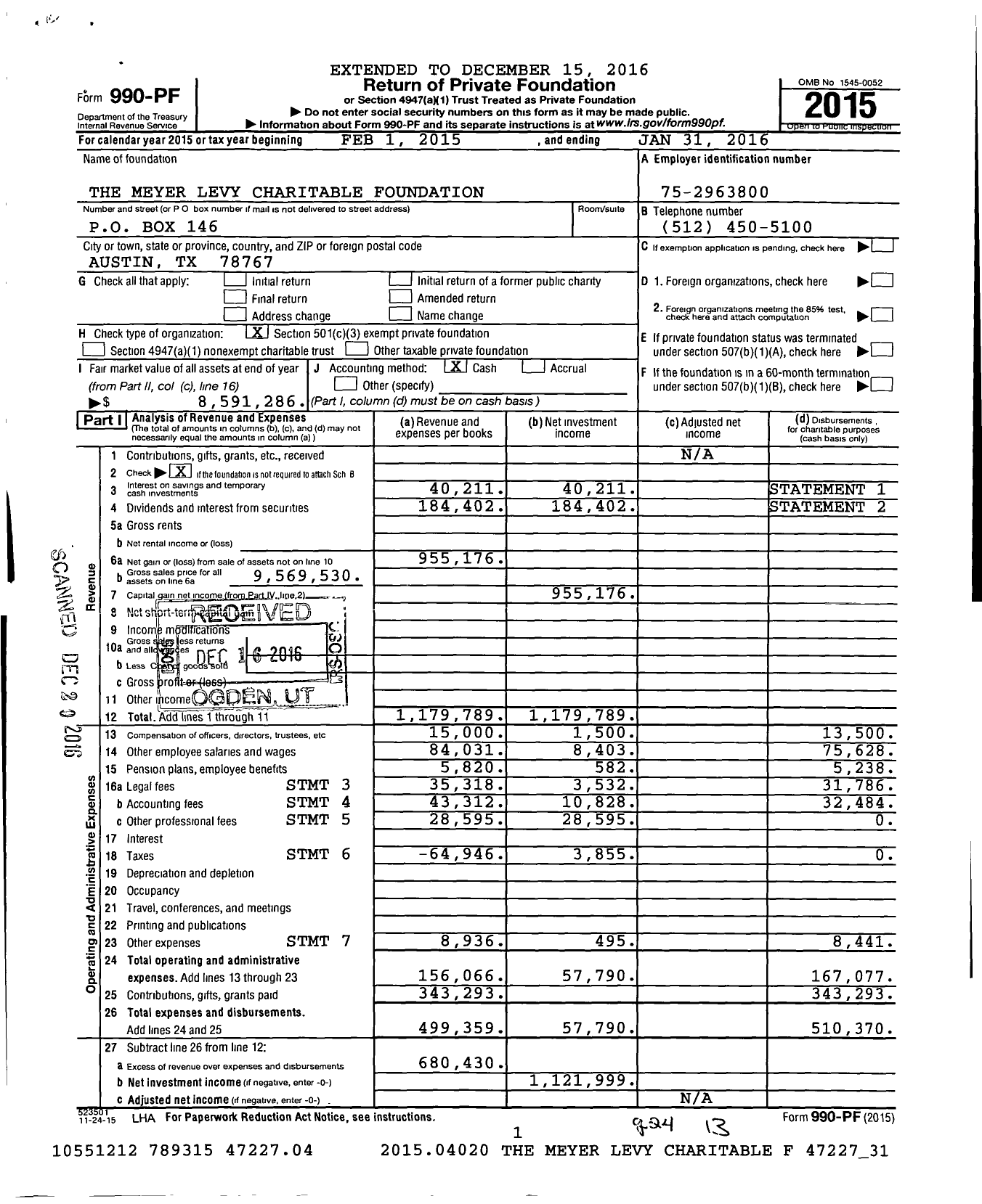 Image of first page of 2015 Form 990PF for Meyer Levy Charitable Foundation