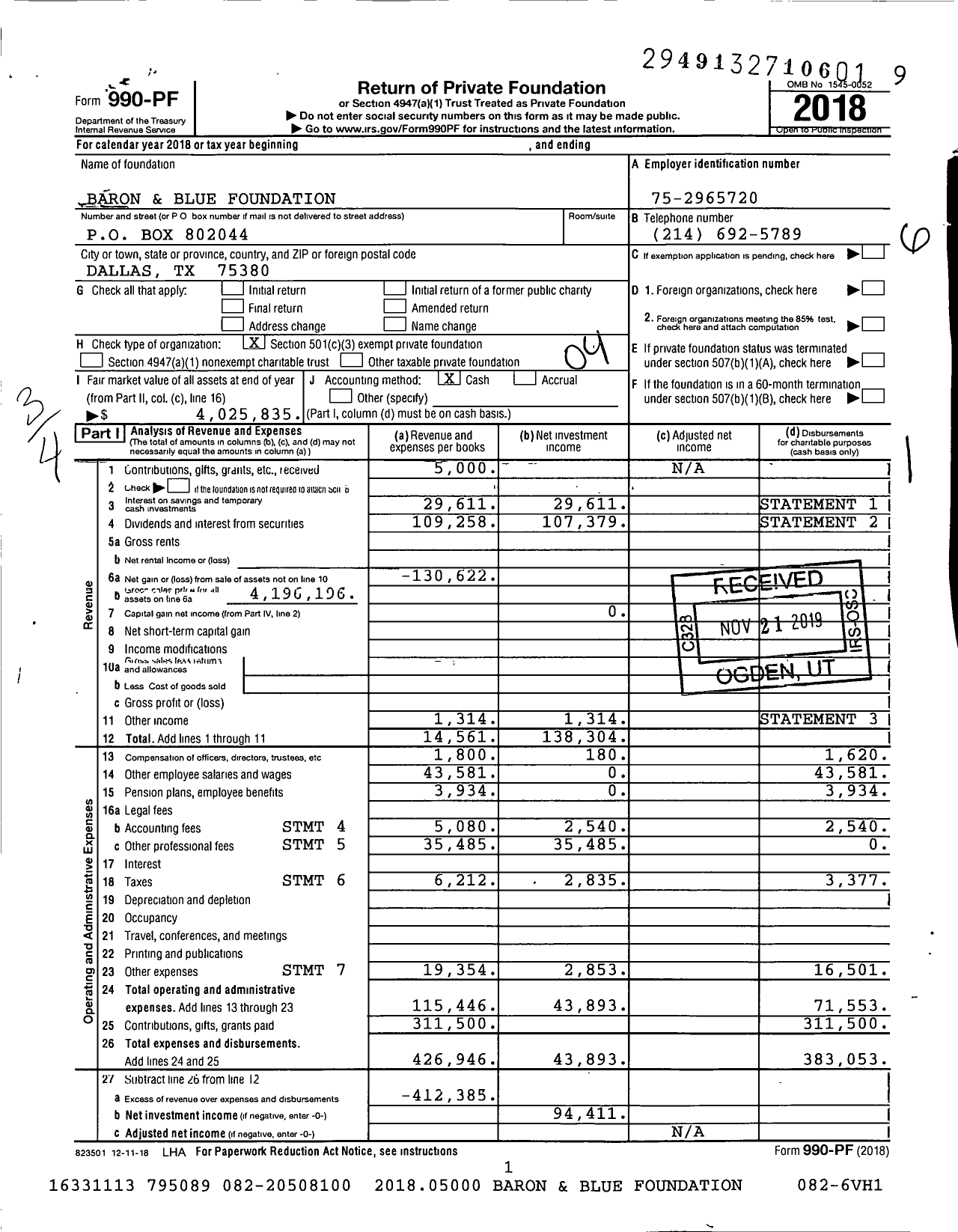 Image of first page of 2018 Form 990PF for Baron and Blue Foundation