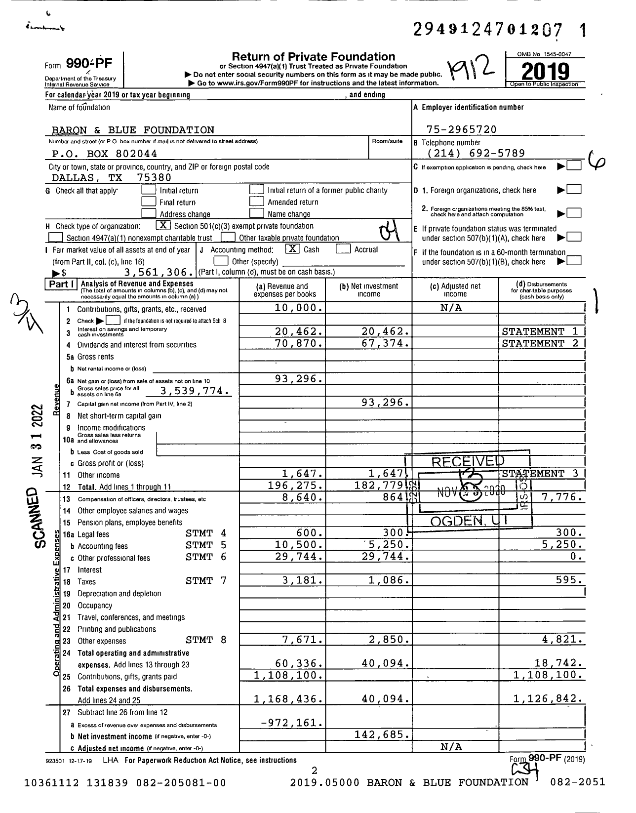 Image of first page of 2019 Form 990PF for Baron and Blue Foundation