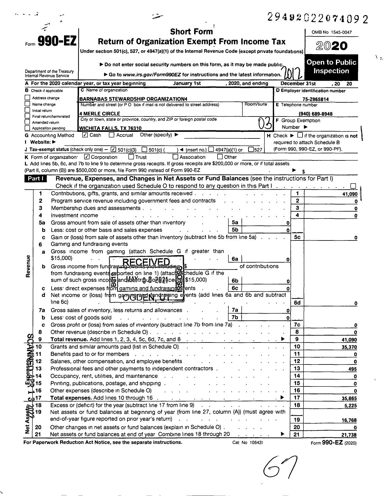 Image of first page of 2020 Form 990EZ for Barnabas Stewardship Organization