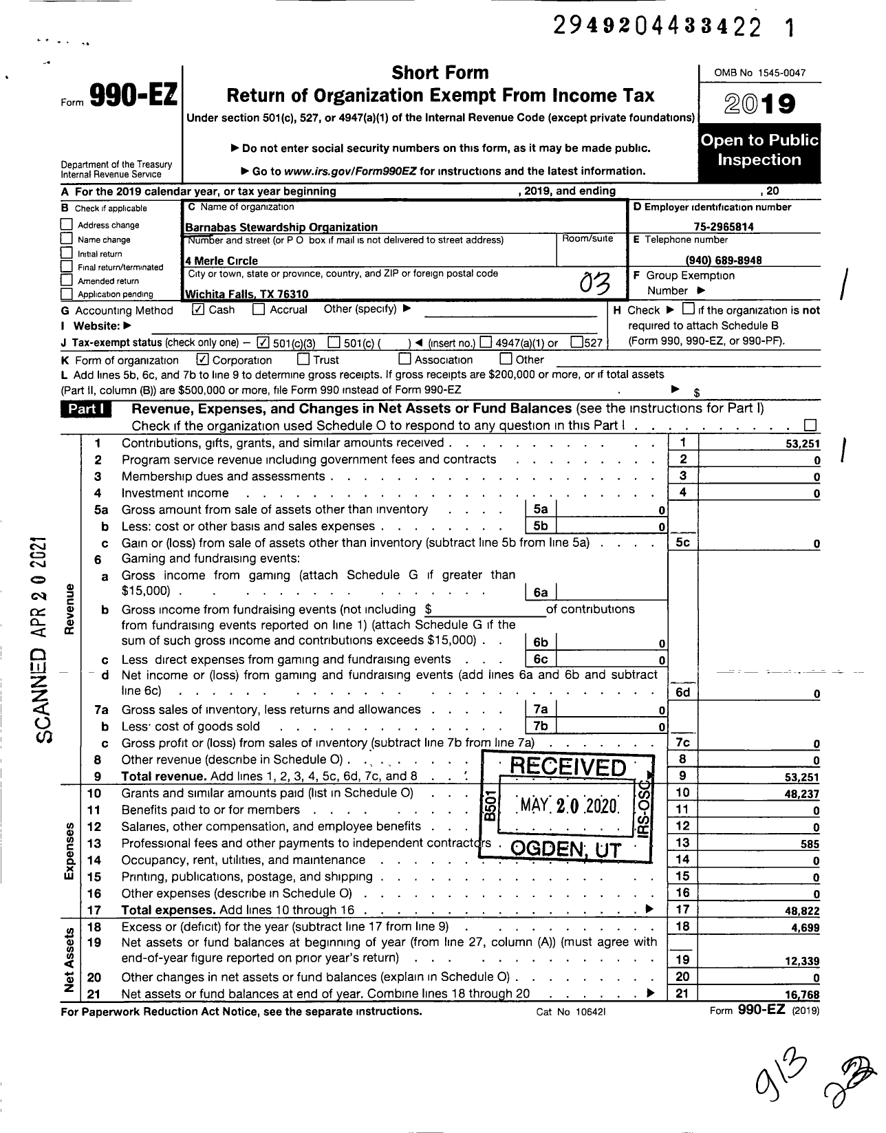 Image of first page of 2019 Form 990EZ for Barnabas Stewardship Organization