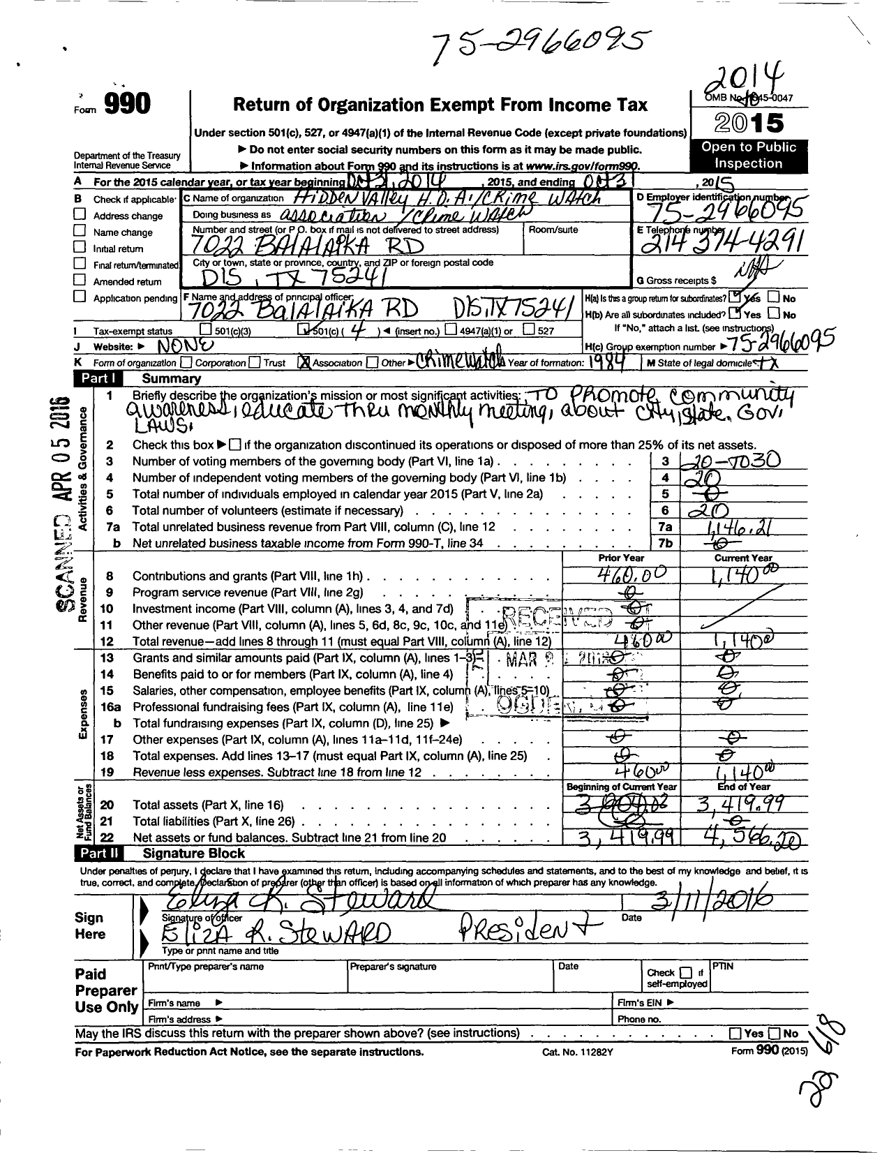 Image of first page of 2014 Form 990O for Hidden Valley Home Owners Association