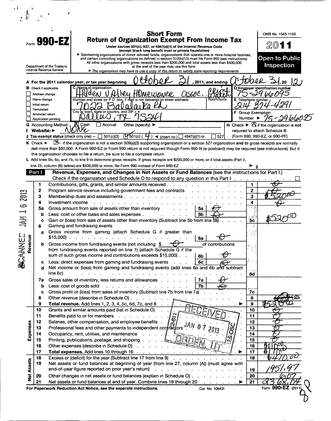 Image of first page of 2011 Form 990EO for Hidden Valley Home Owners Association