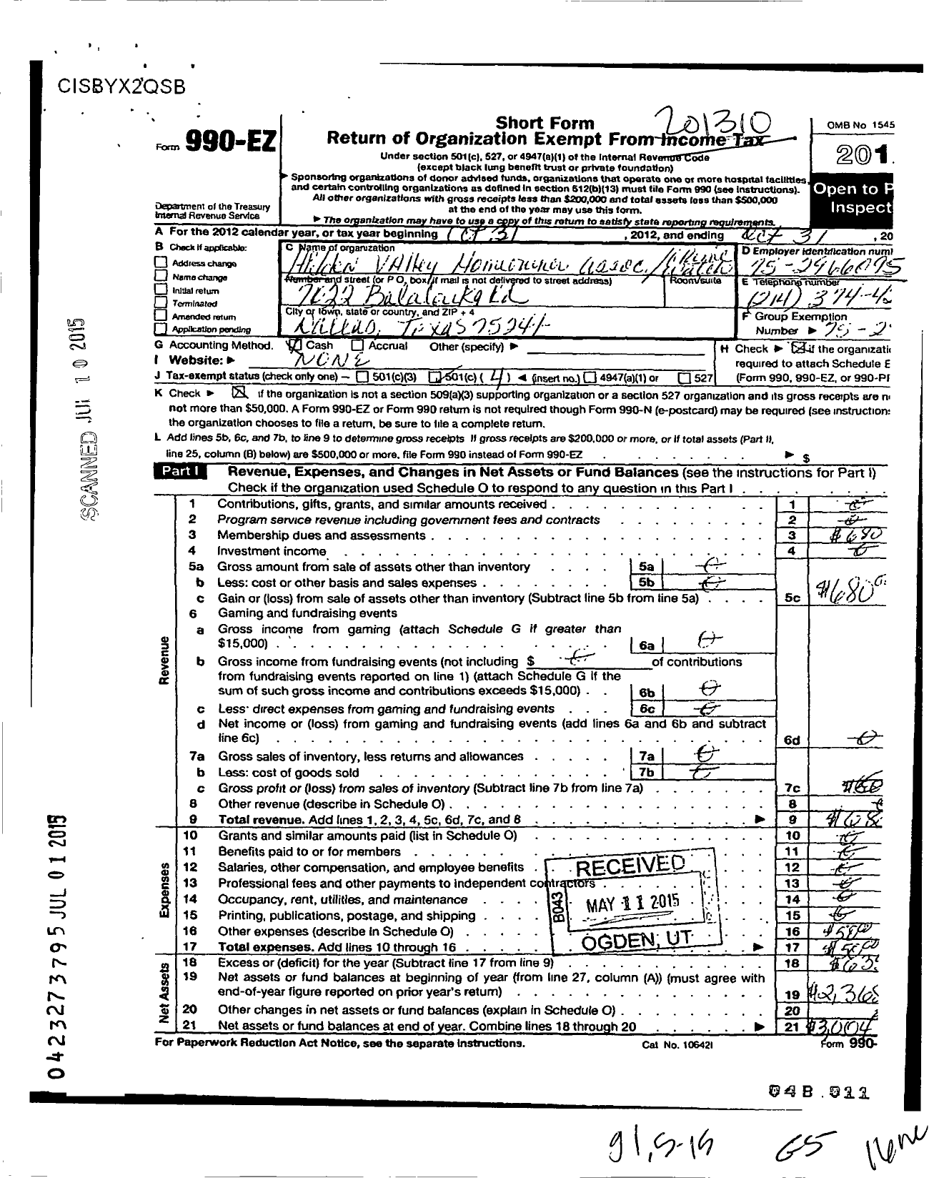 Image of first page of 2012 Form 990EO for Hidden Valley Home Owners Association