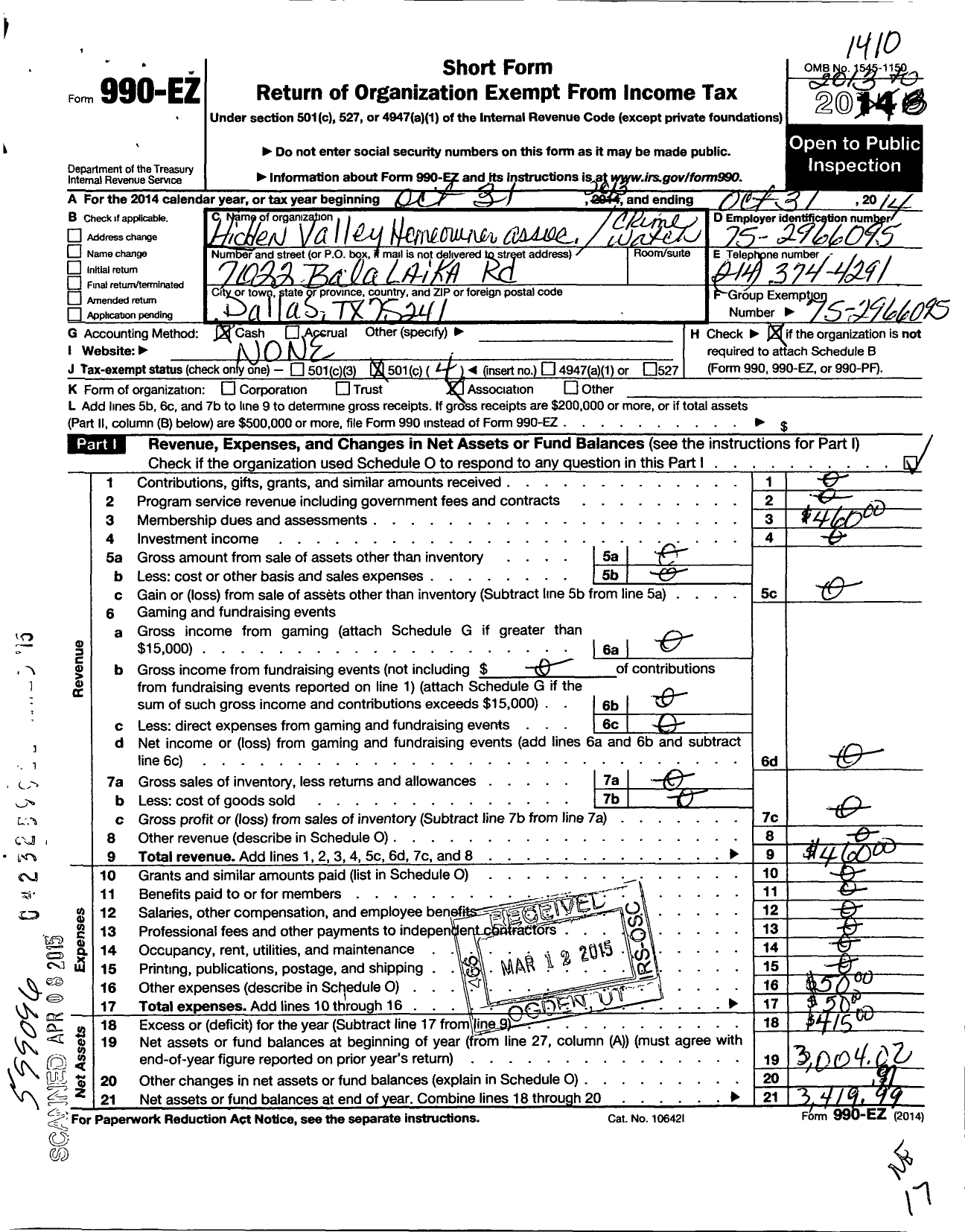 Image of first page of 2013 Form 990EO for Hidden Valley Home Owners Association