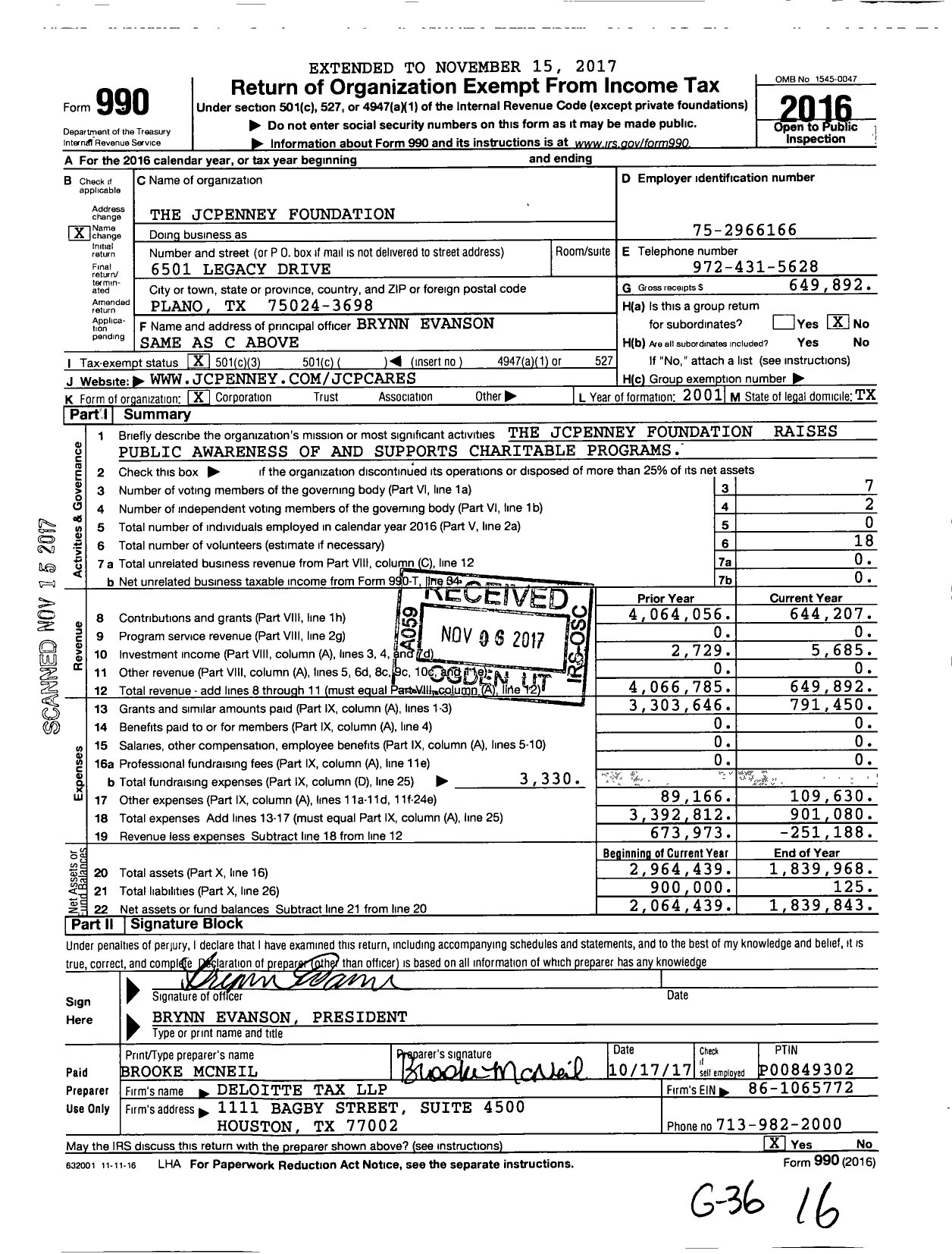 Image of first page of 2016 Form 990 for The JCPenney Communities Foundation