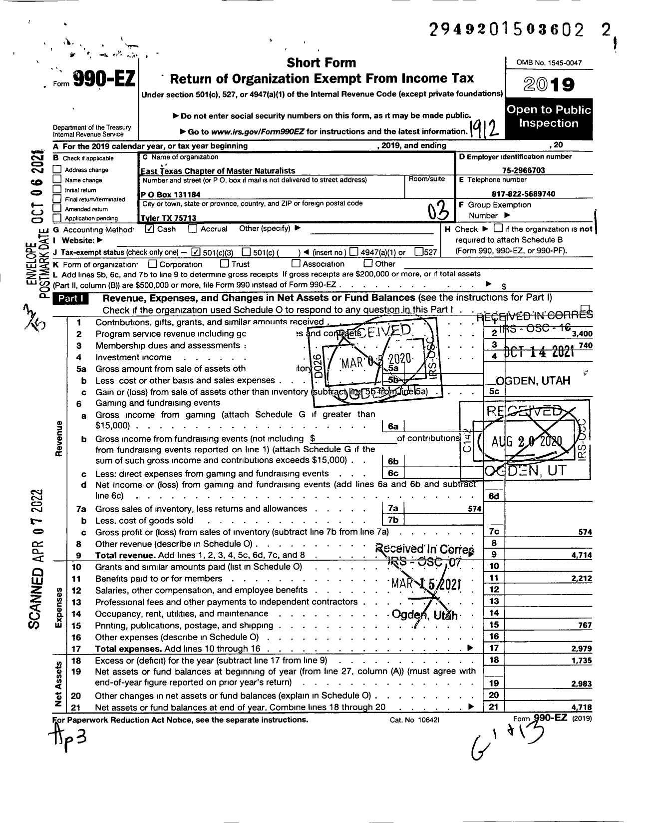 Image of first page of 2019 Form 990EZ for East Texas Chapter of the Texas Master Naturalist