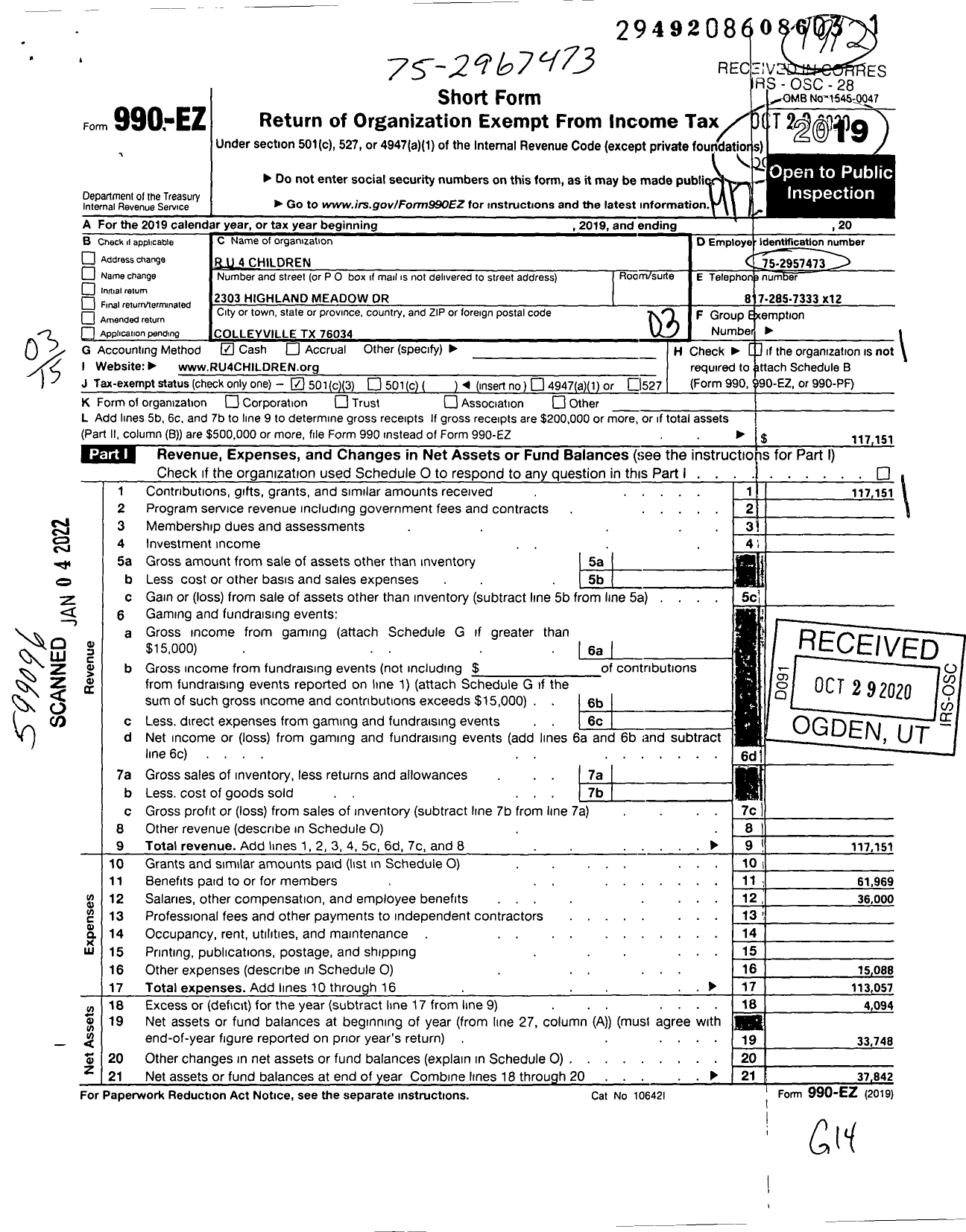 Image of first page of 2019 Form 990EZ for R U 4 Children