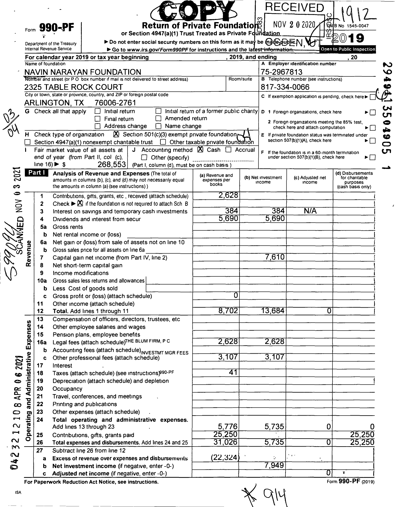 Image of first page of 2019 Form 990PF for Navin Narayan Foundation