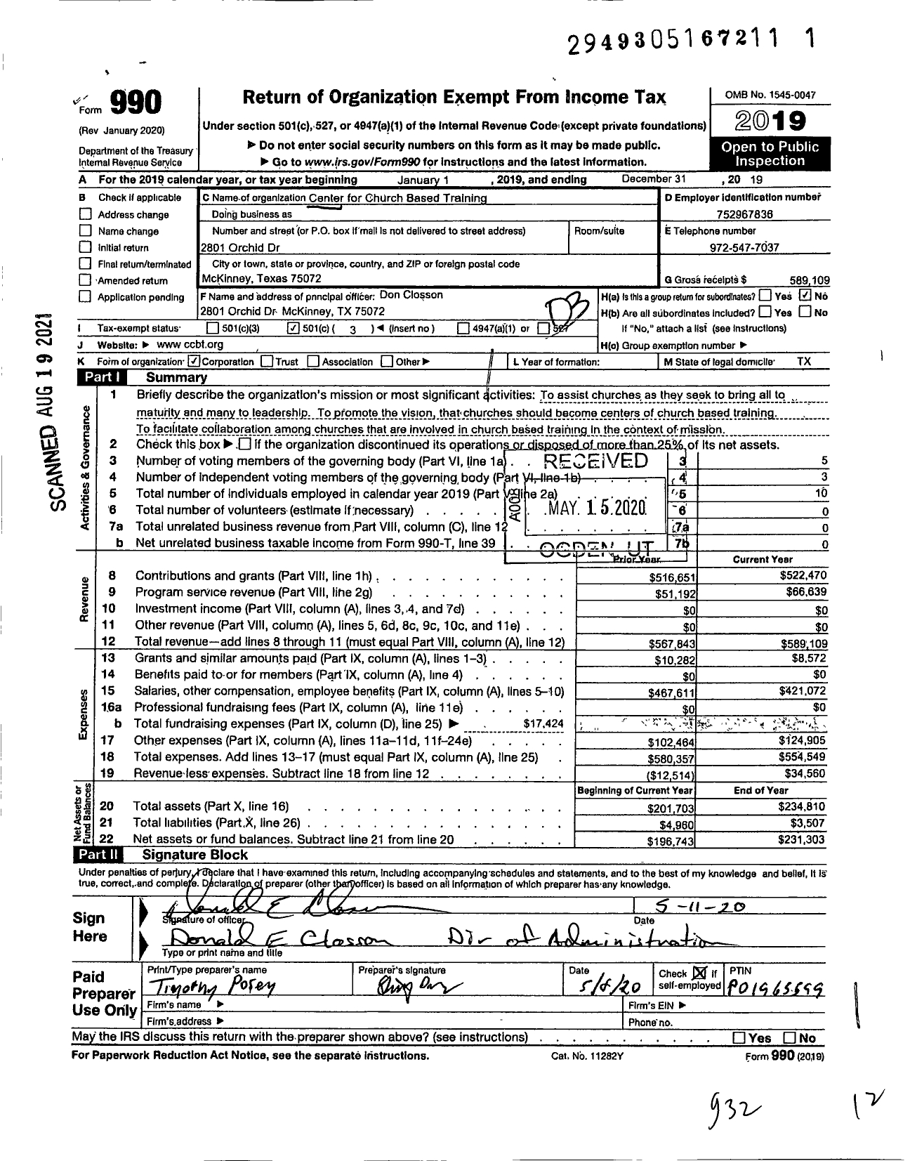 Image of first page of 2019 Form 990 for Center for Church Based Training