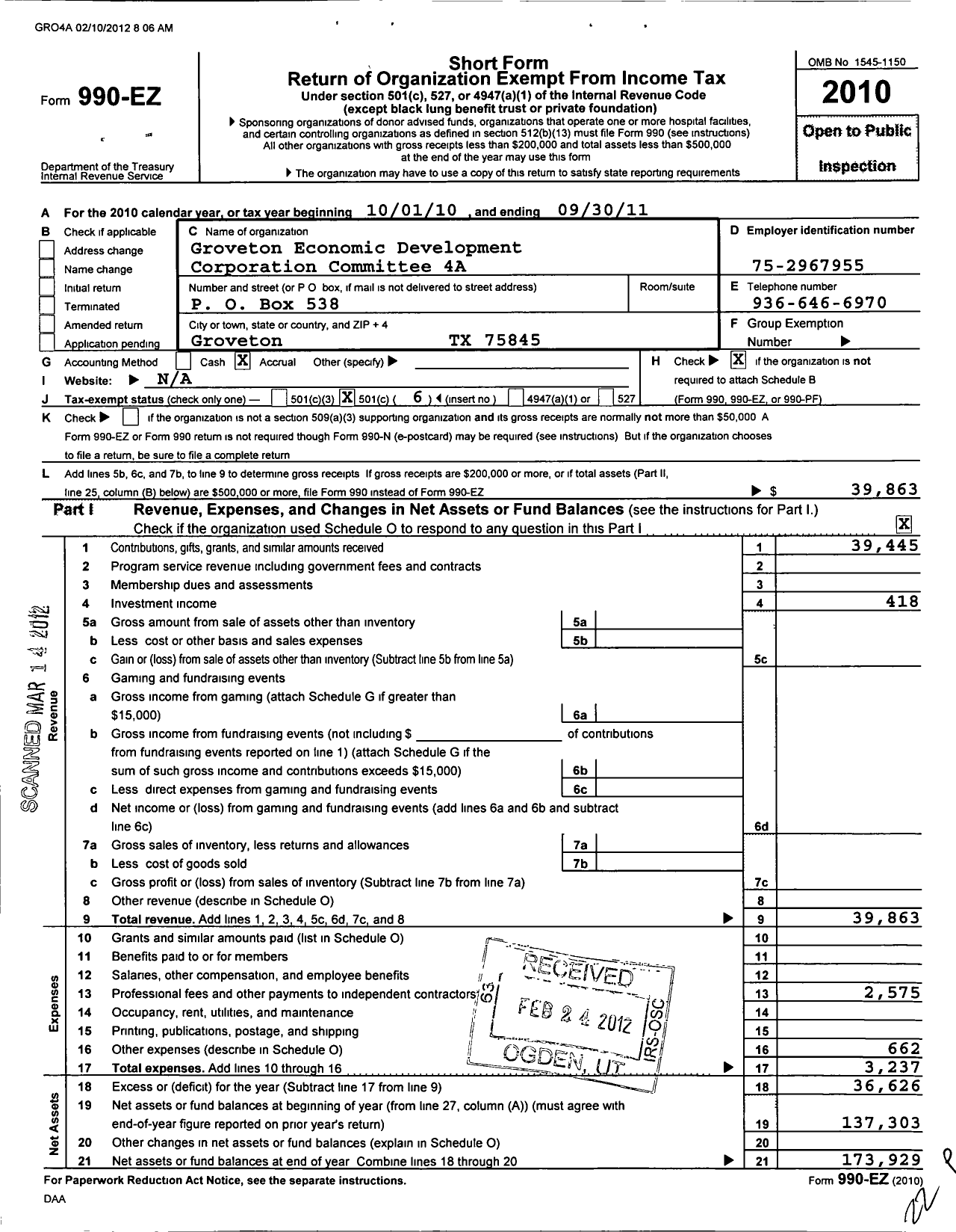 Image of first page of 2010 Form 990EO for Groveton Economic Development Corporation Committee 4a