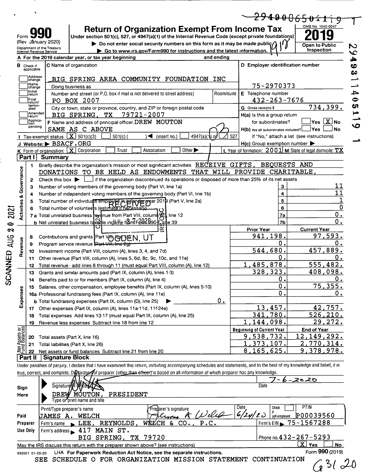 Image of first page of 2019 Form 990 for Big Spring Area Community Foundation