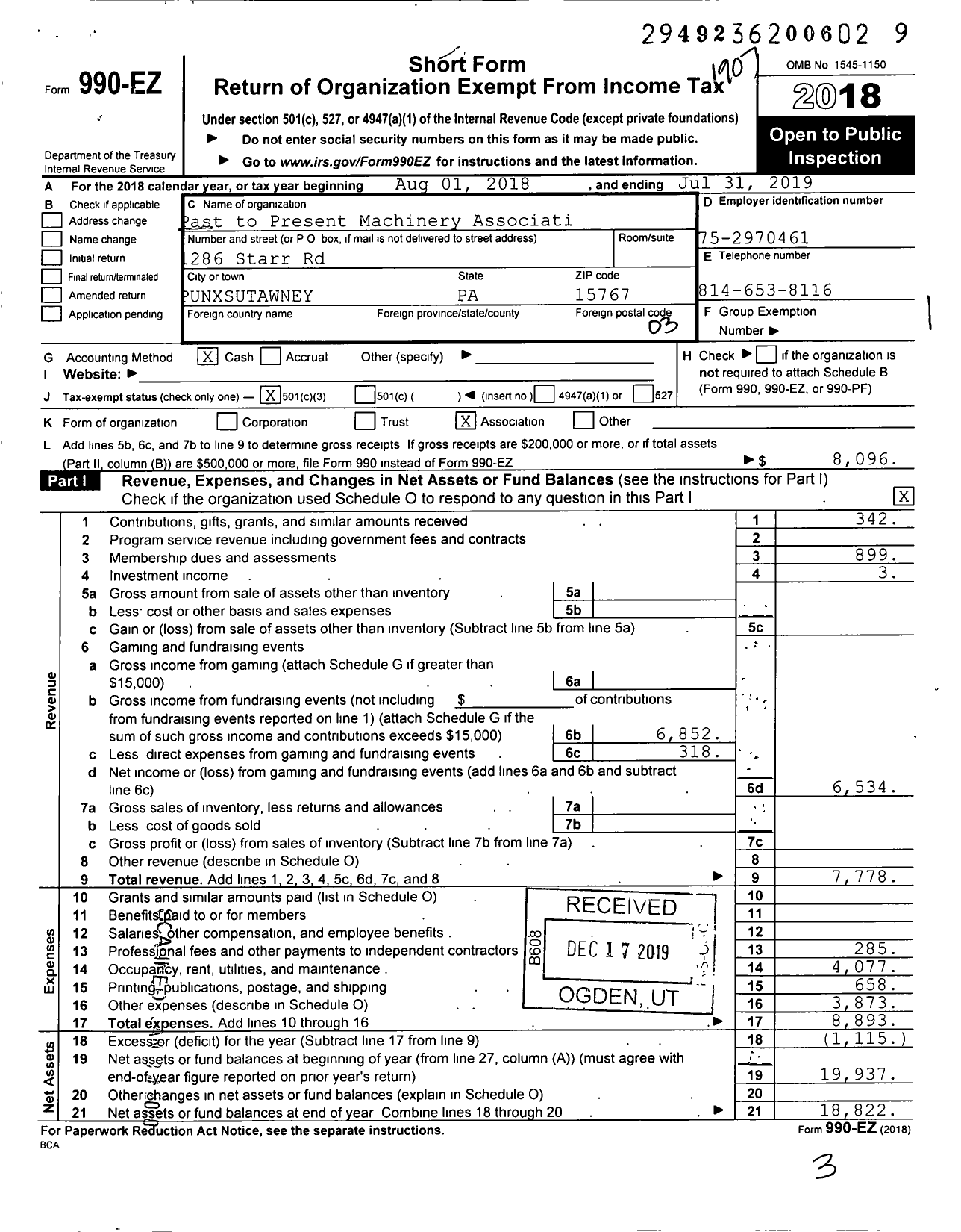 Image of first page of 2018 Form 990EZ for Past to Present Machinery Association