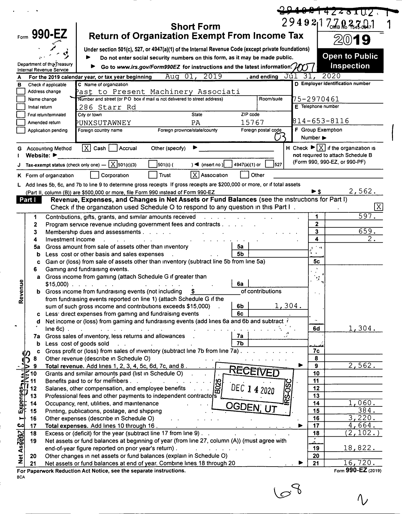 Image of first page of 2019 Form 990EZ for Past to Present Machinery Association