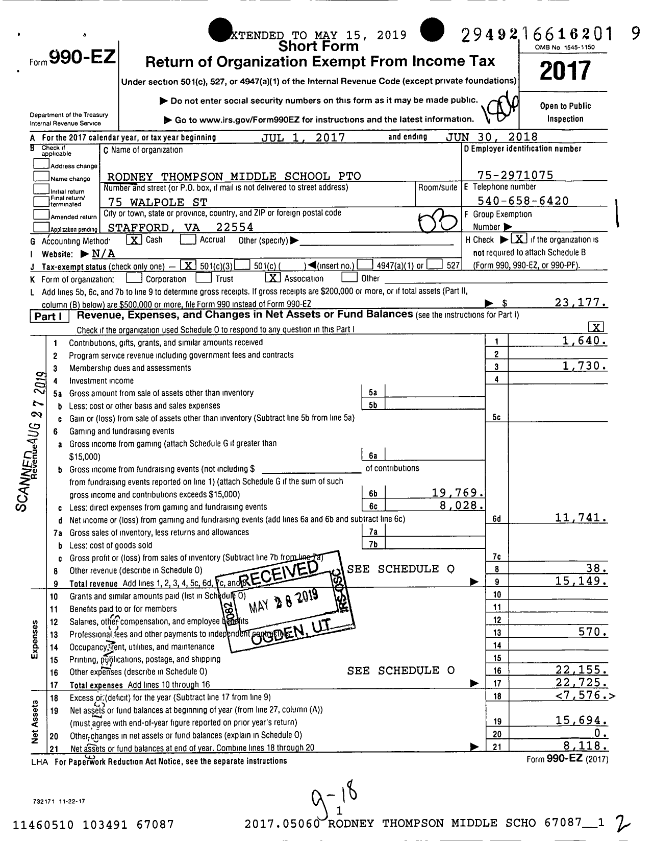 Image of first page of 2017 Form 990EZ for Rodney Thompson Middle School Pto