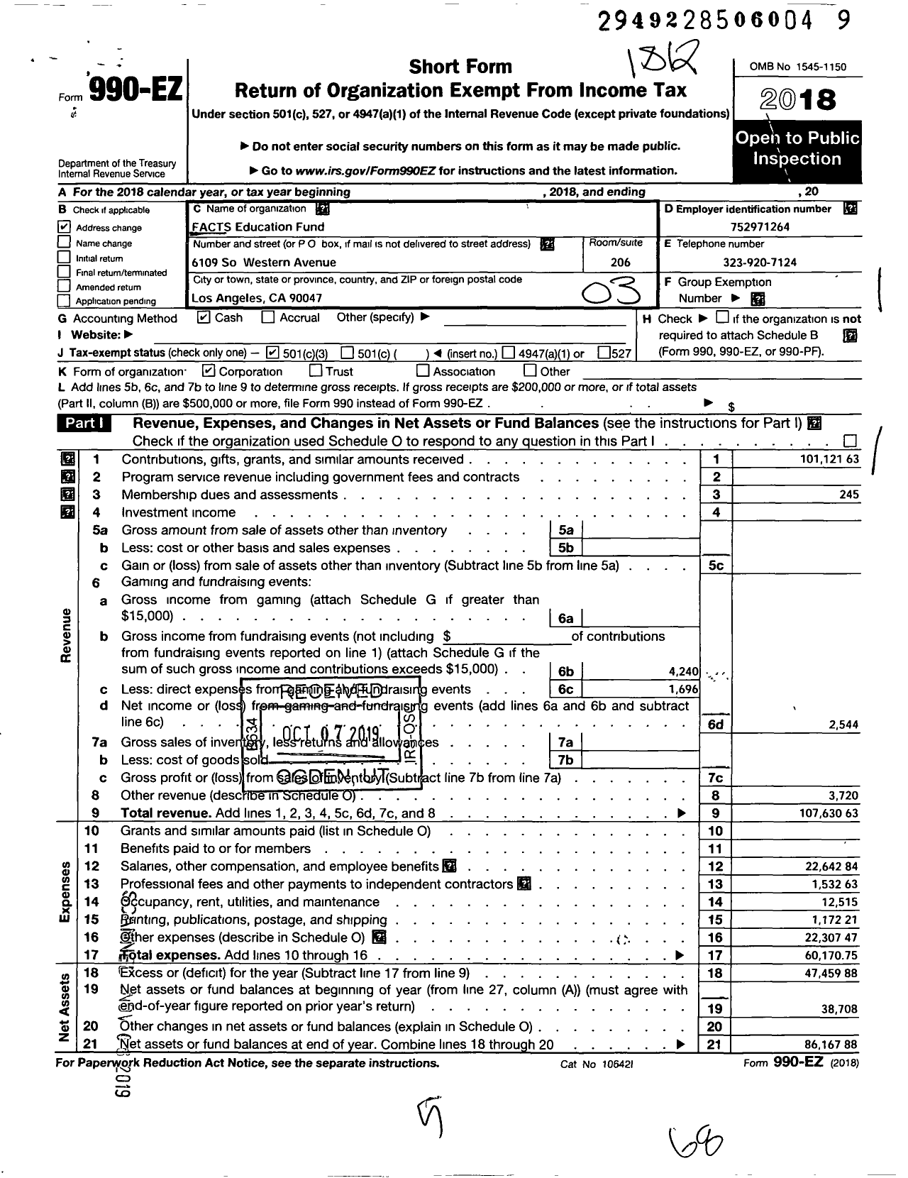 Image of first page of 2018 Form 990EZ for Facts Education Fund