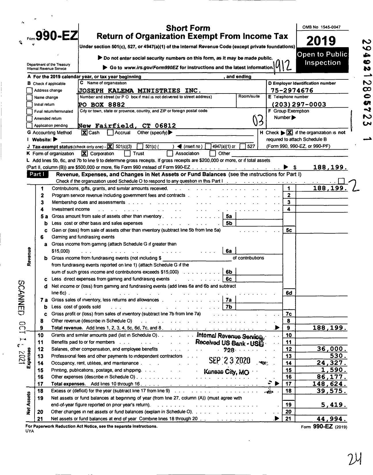 Image of first page of 2019 Form 990EZ for Joseph Kalema Ministries