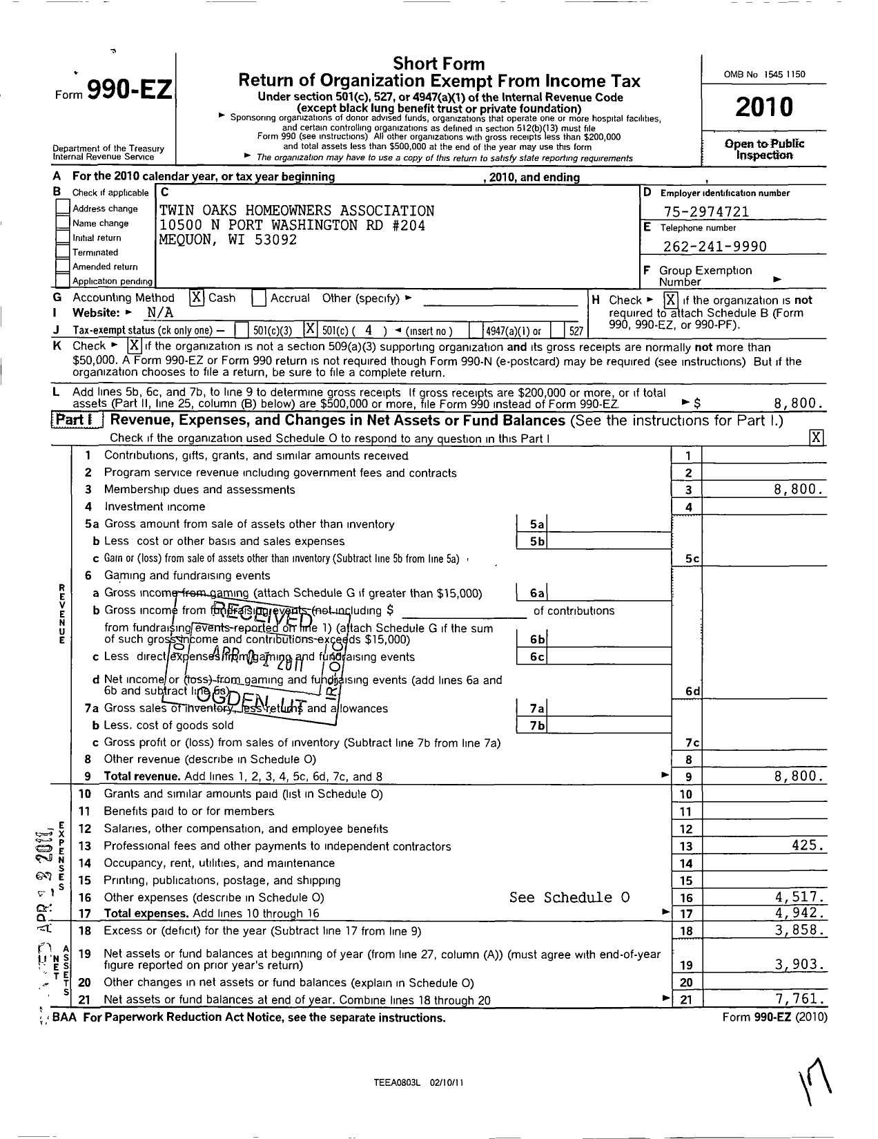 Image of first page of 2010 Form 990EO for Twin Oaks Homeowners Association