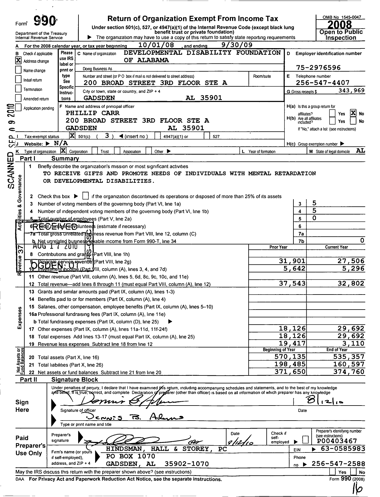 Image of first page of 2008 Form 990 for The Development Disability Foundation of Alabama