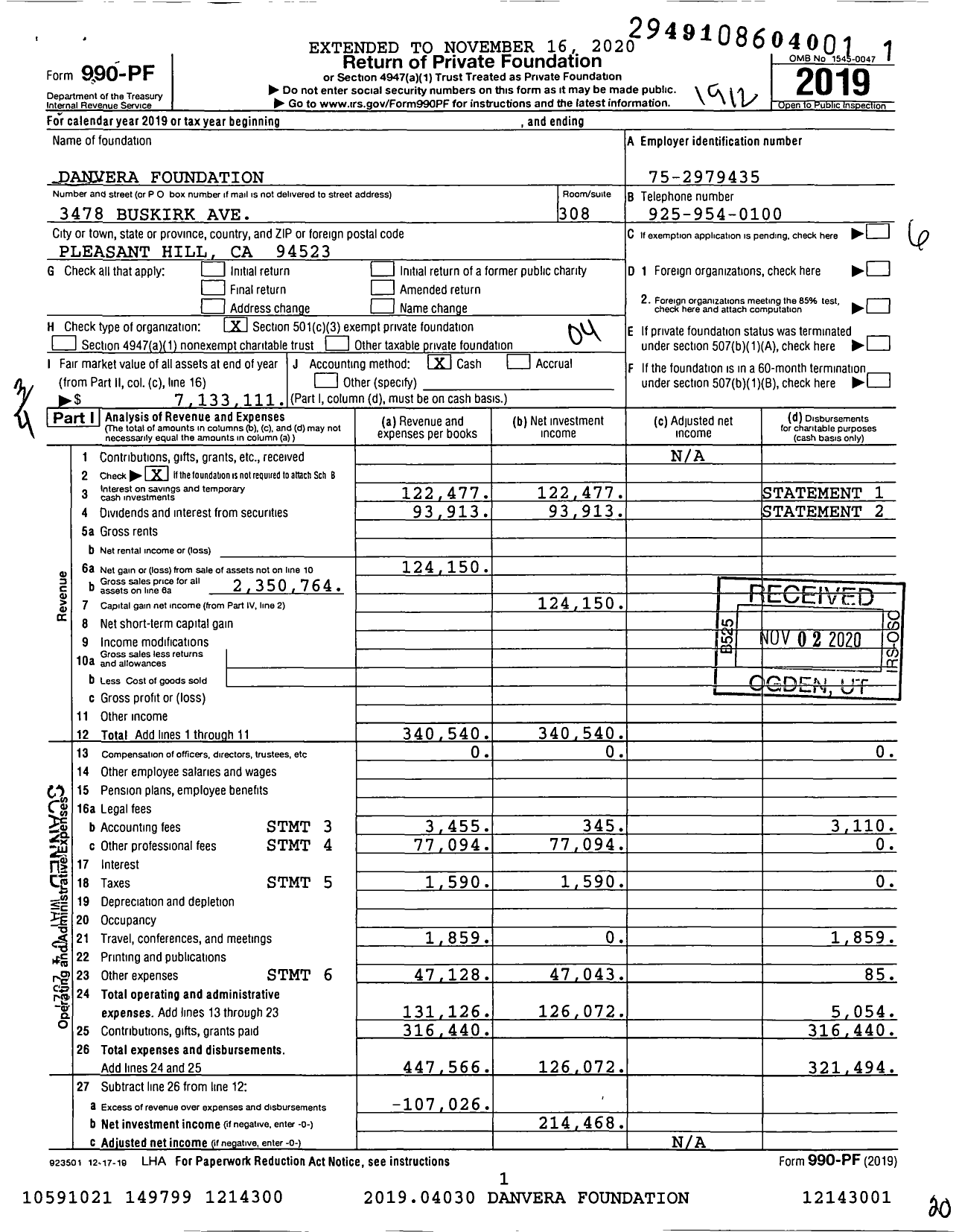 Image of first page of 2019 Form 990PF for Danvera Foundation