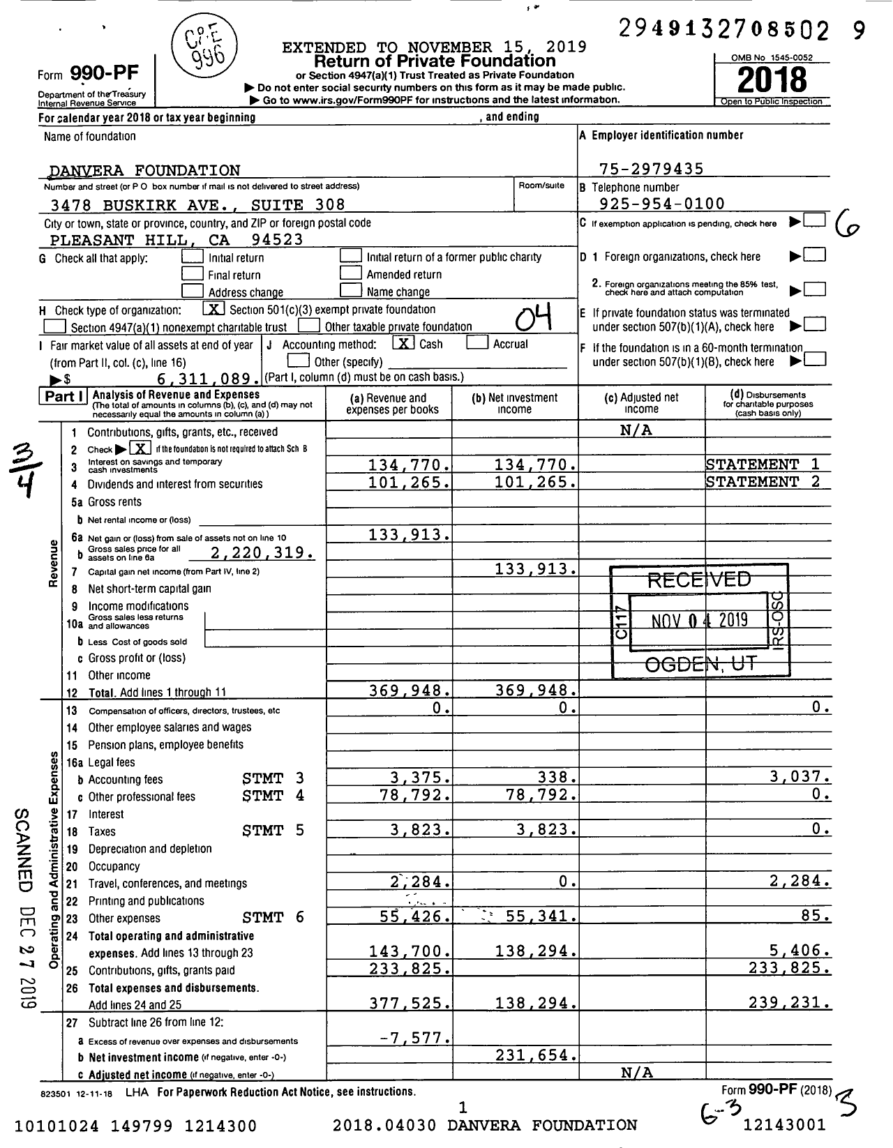 Image of first page of 2018 Form 990PF for Danvera Foundation