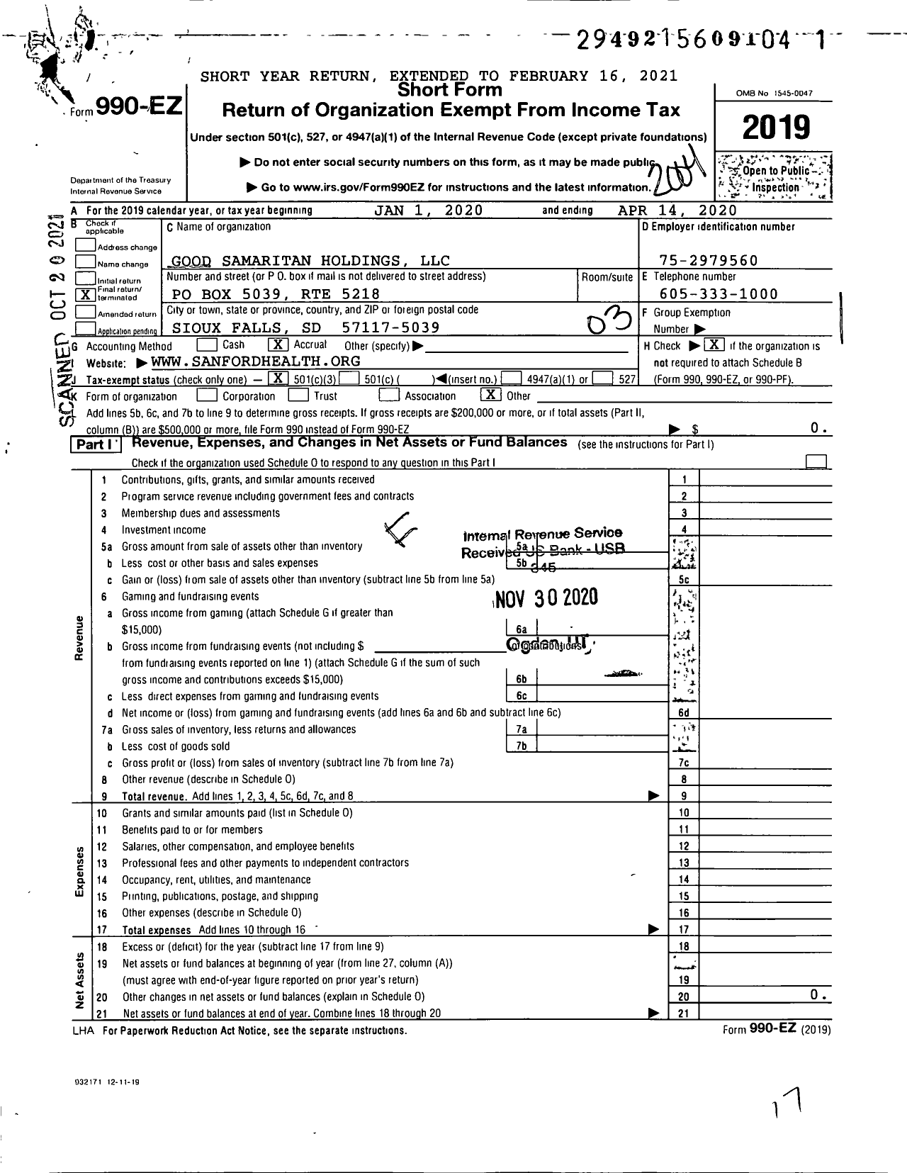 Image of first page of 2019 Form 990EZ for Good Samaritan Holdings LLC