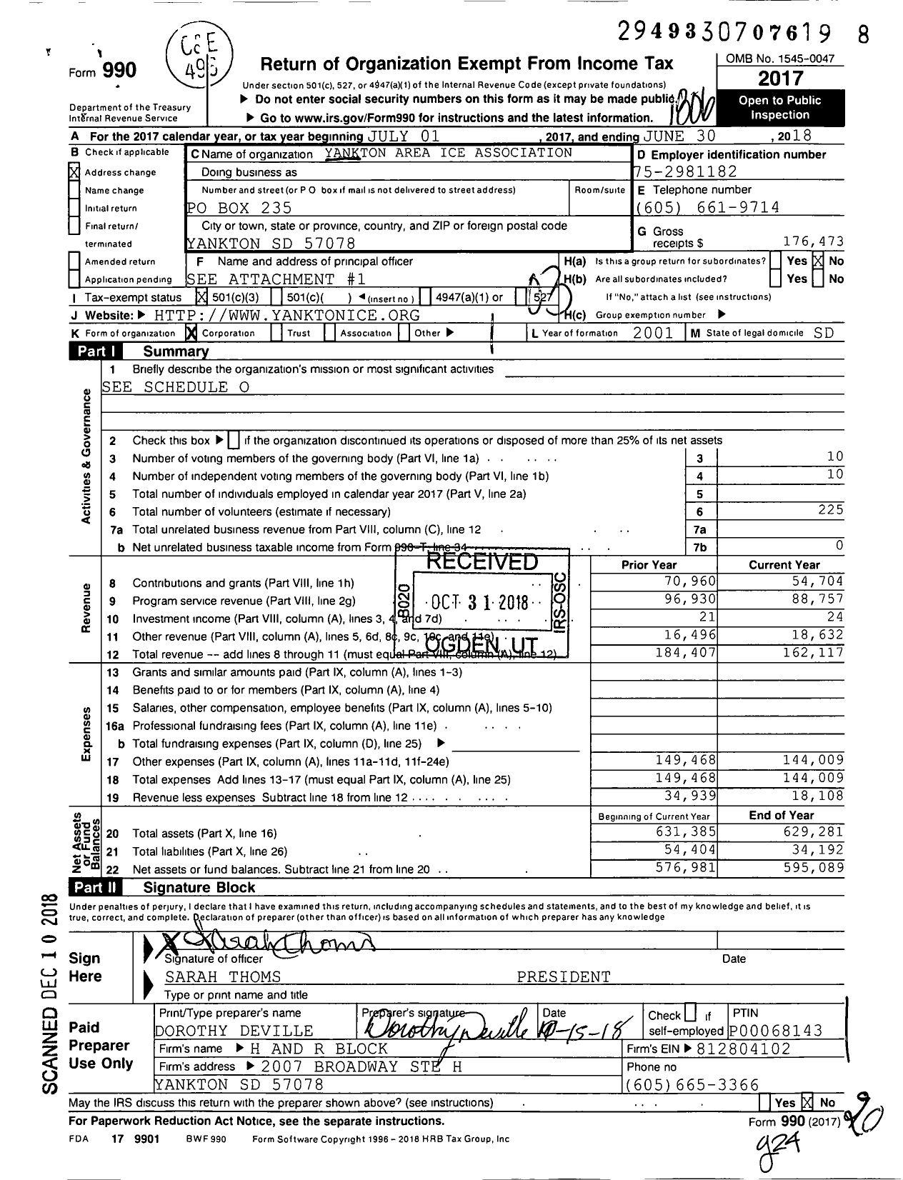 Image of first page of 2017 Form 990 for Yankton Area Ice Association