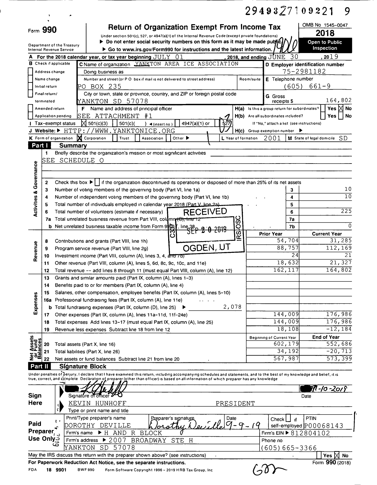 Image of first page of 2018 Form 990 for Yankton Area Ice Association