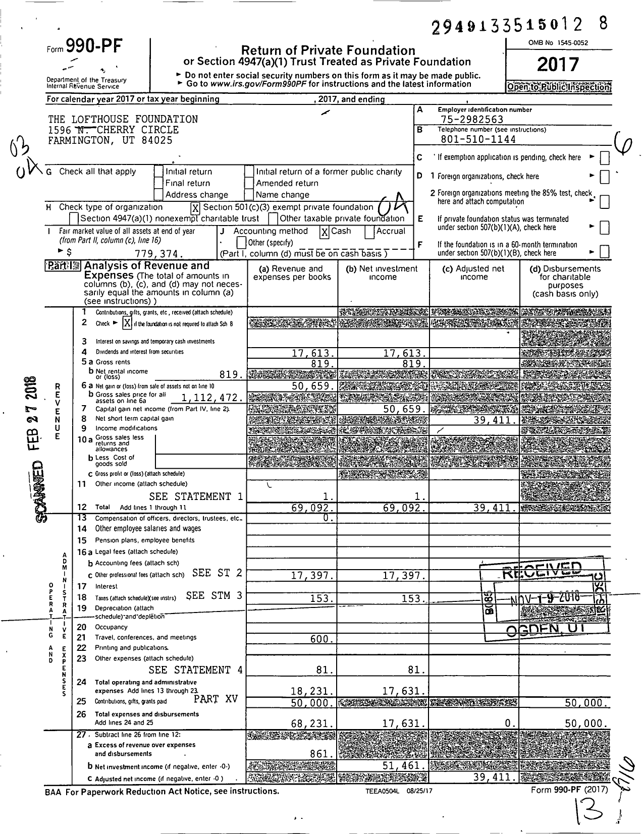 Image of first page of 2017 Form 990PF for Lofthouse Foundation