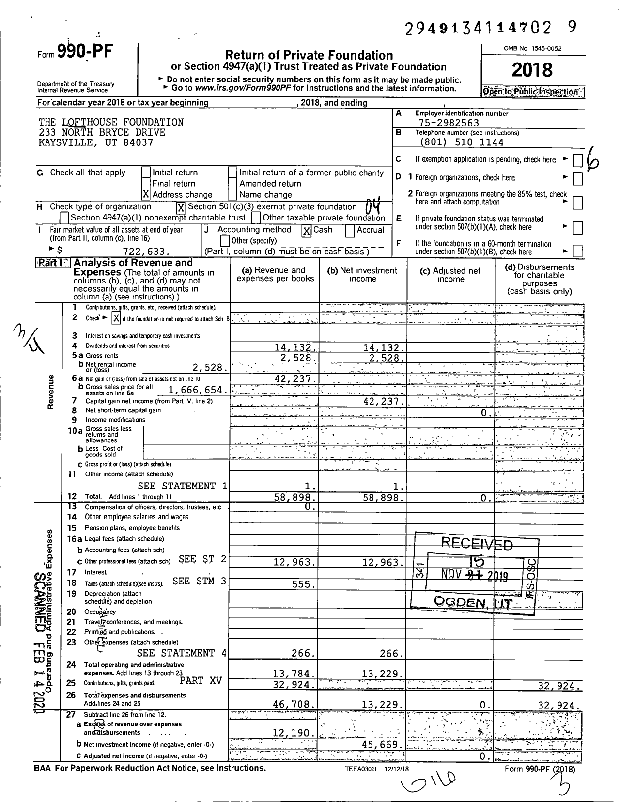 Image of first page of 2018 Form 990PF for Lofthouse Foundation