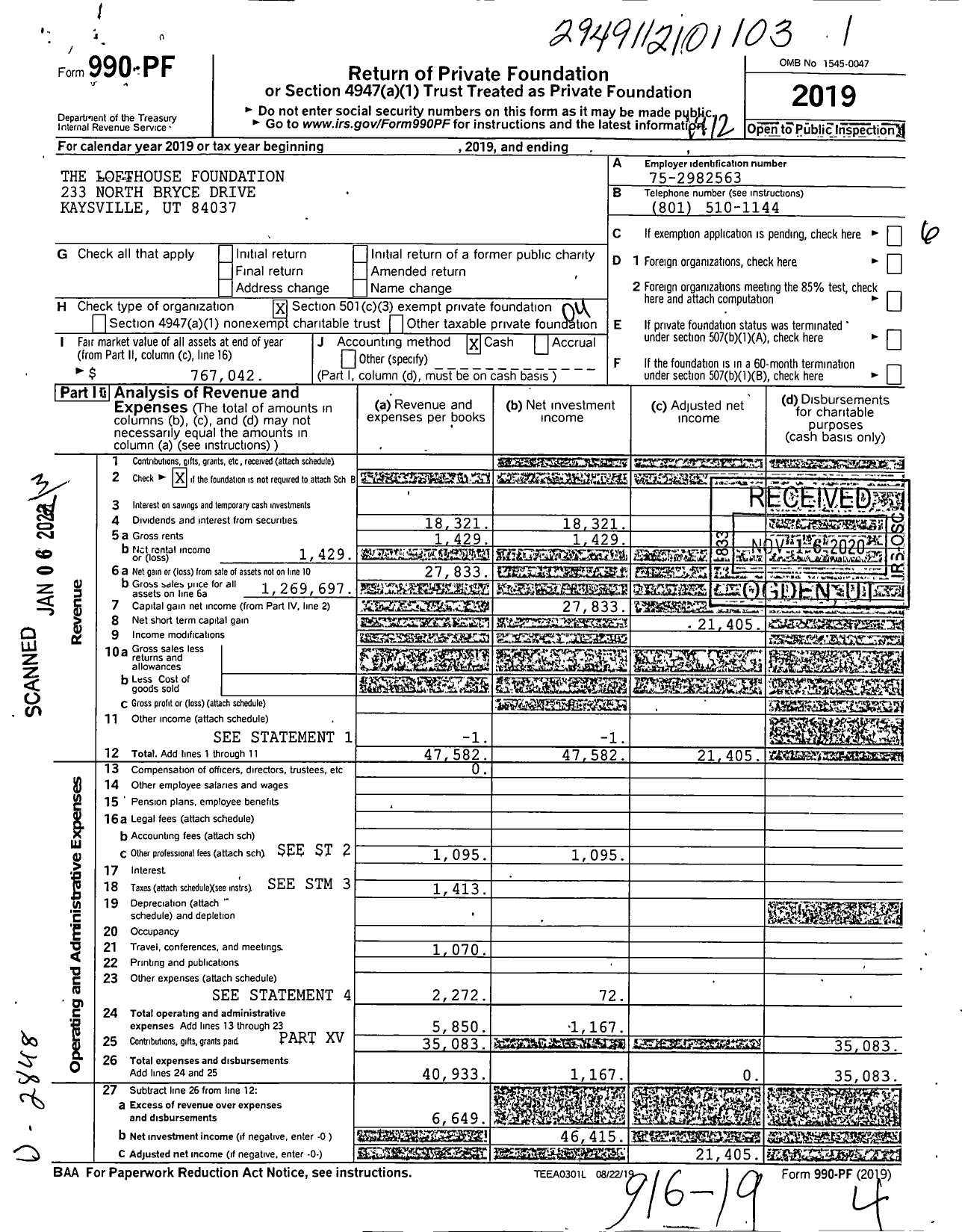 Image of first page of 2019 Form 990PF for Lofthouse Foundation