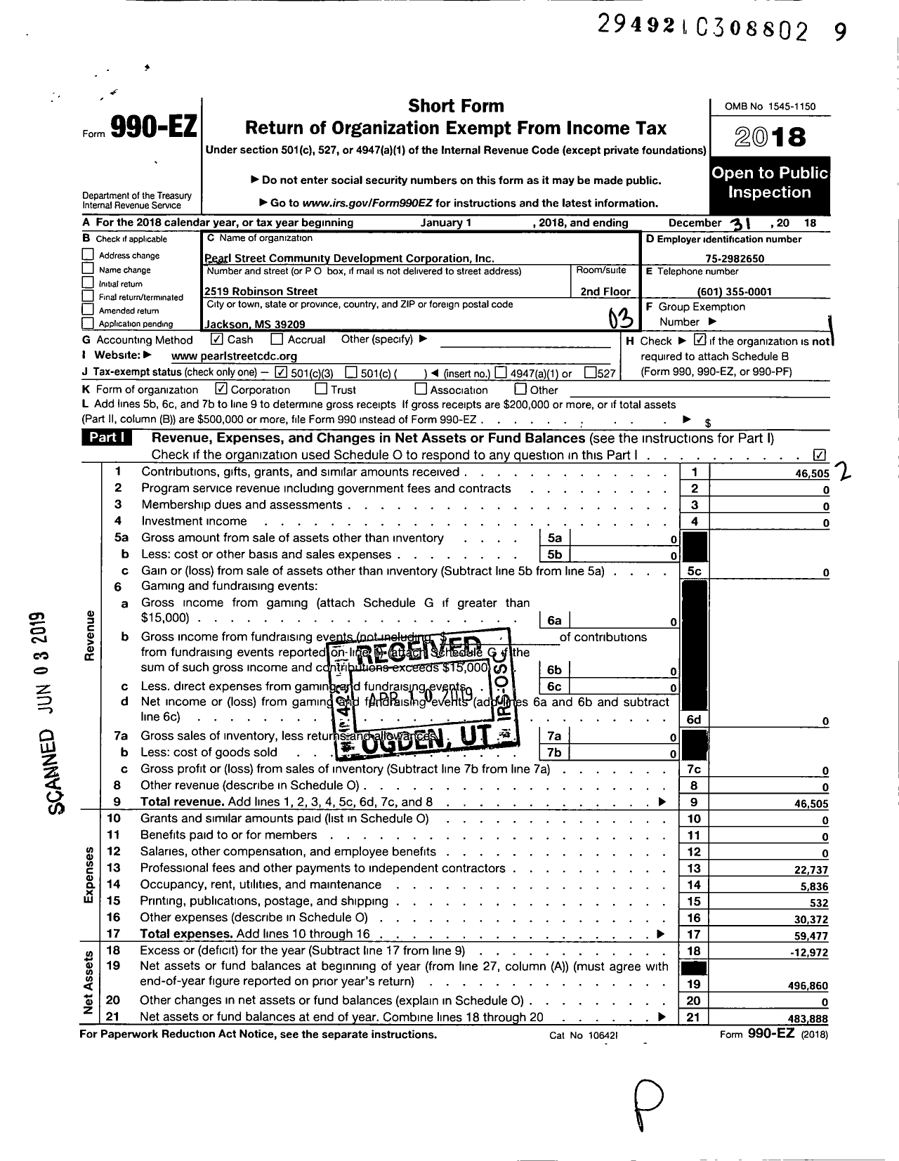 Image of first page of 2018 Form 990EZ for Pearl Street Community Development