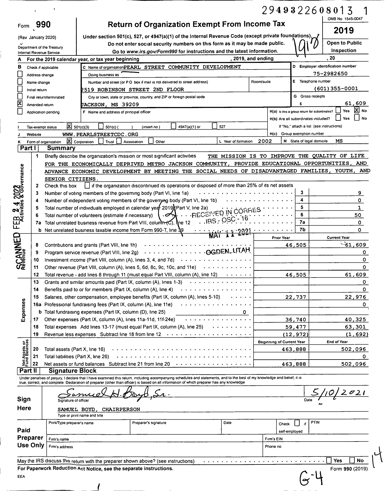 Image of first page of 2019 Form 990 for Pearl Street Community Development