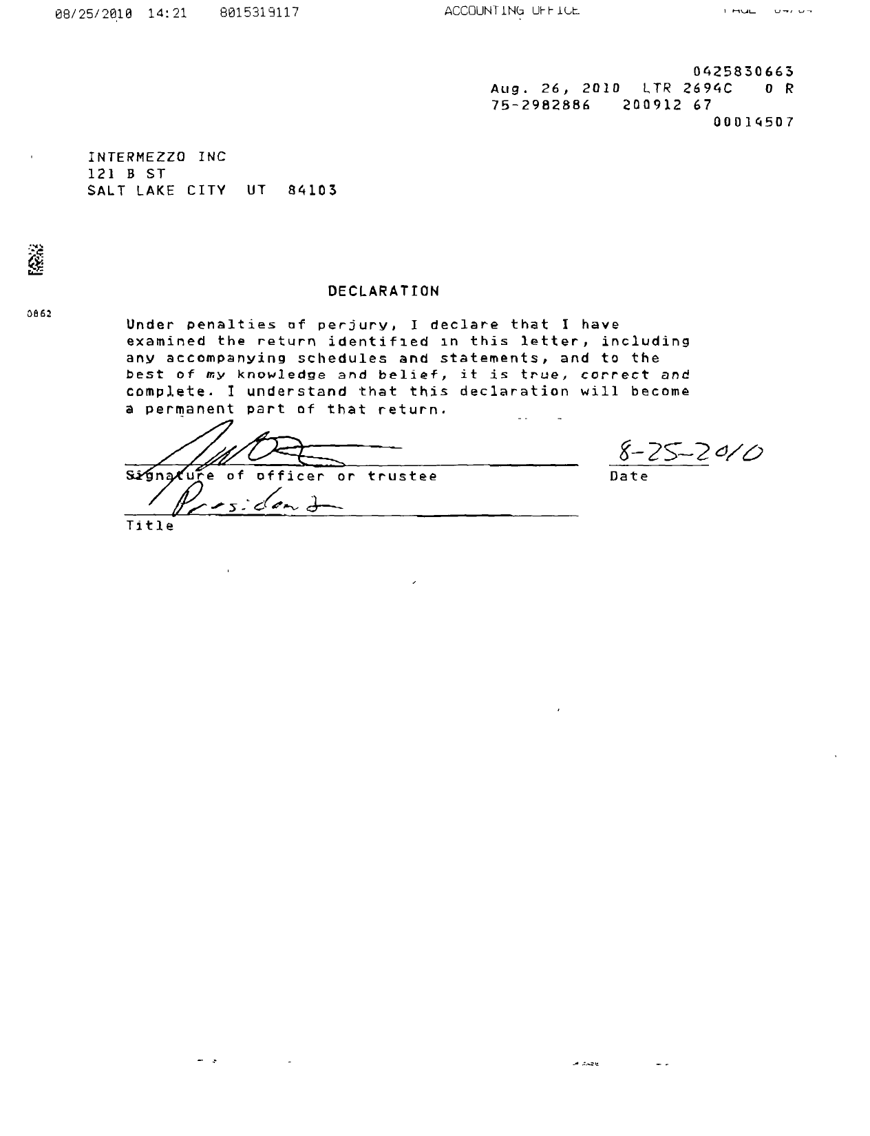 Image of first page of 2009 Form 990R for Intermezzo