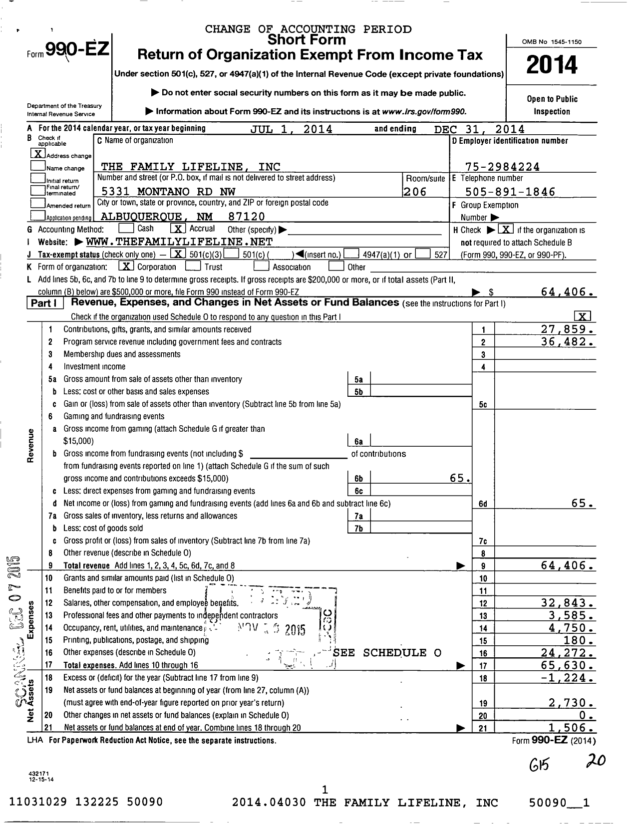 Image of first page of 2014 Form 990EZ for The Family Lifeline