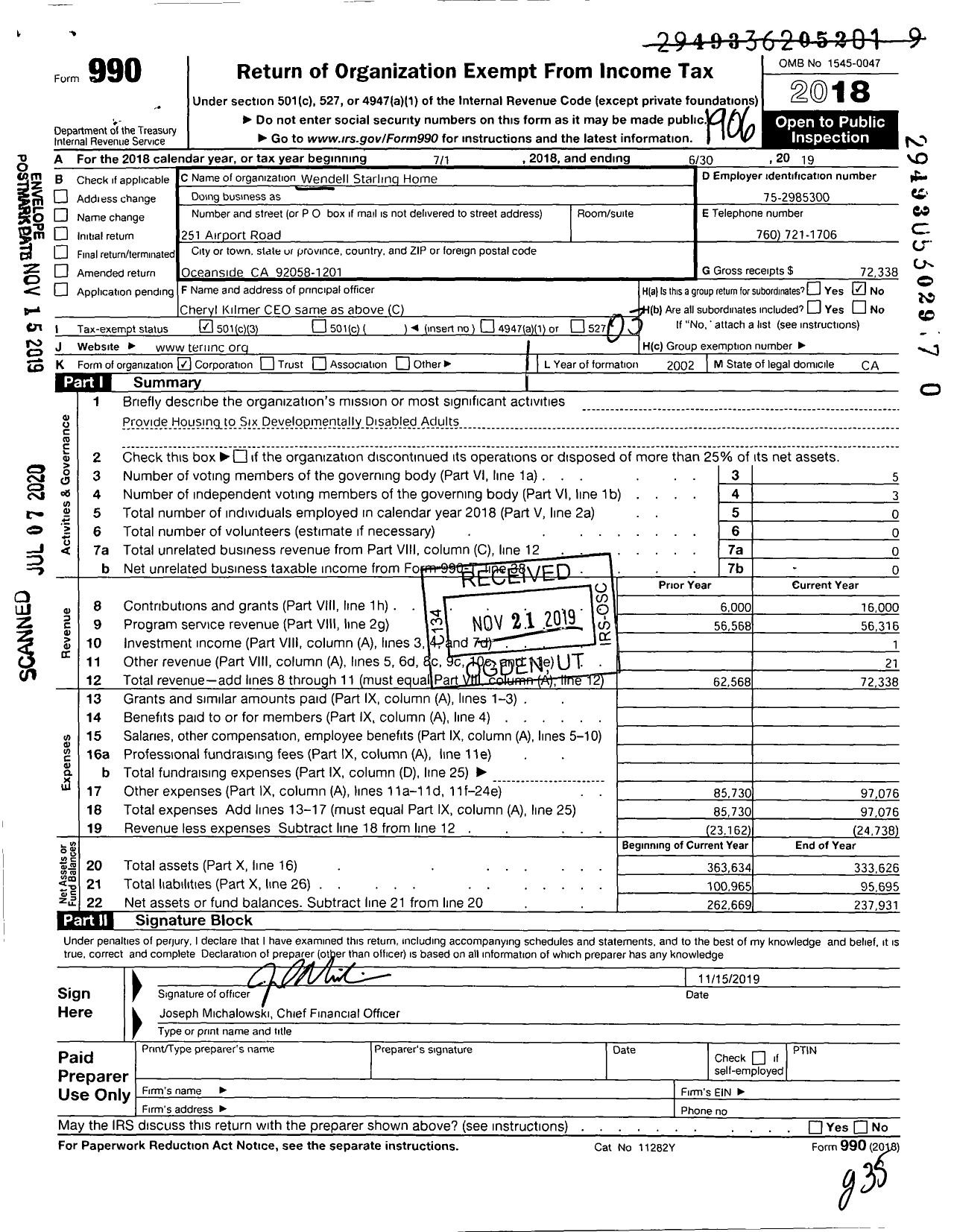 Image of first page of 2018 Form 990 for Wendell Starling Home