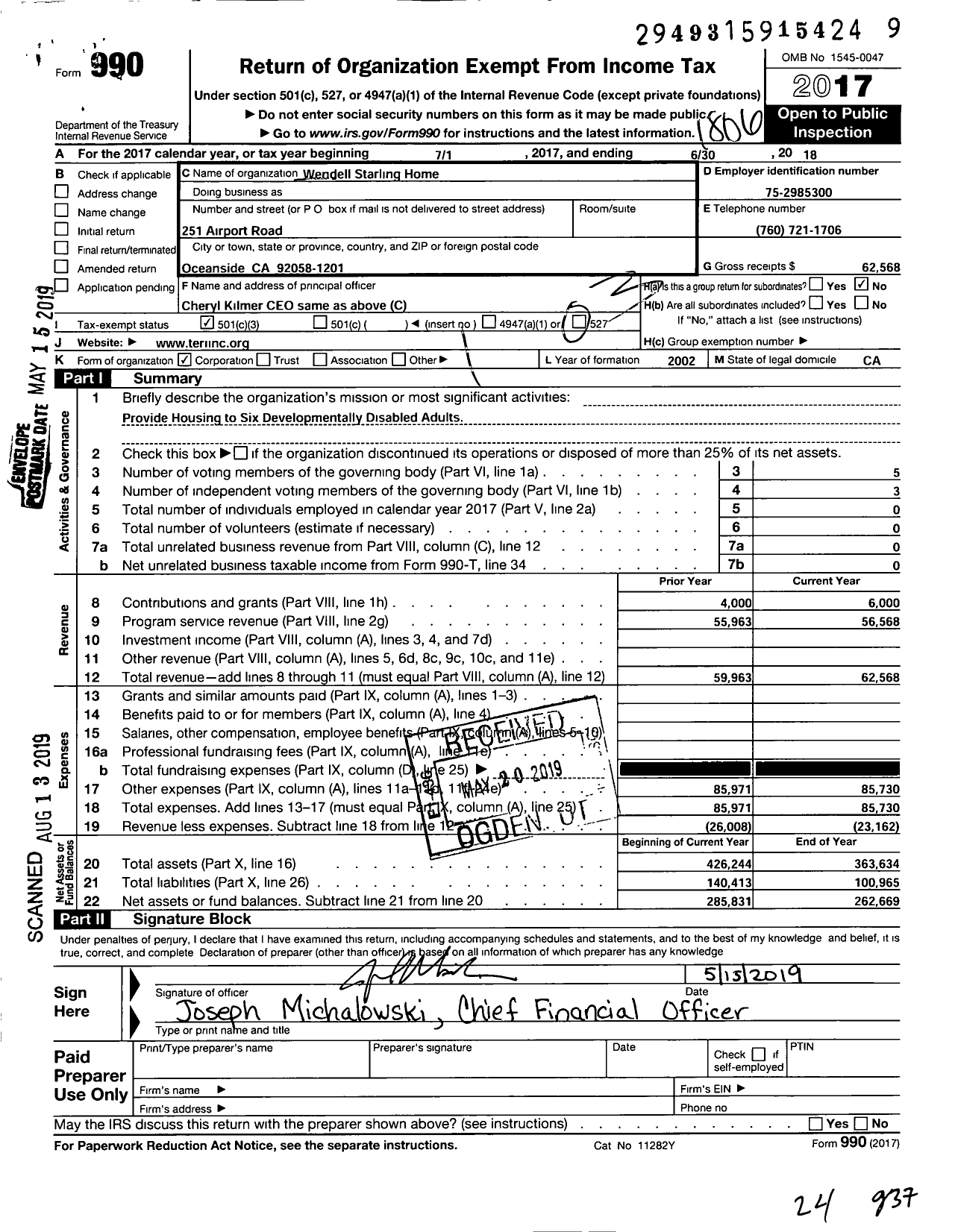 Image of first page of 2017 Form 990 for Wendell Starling Home