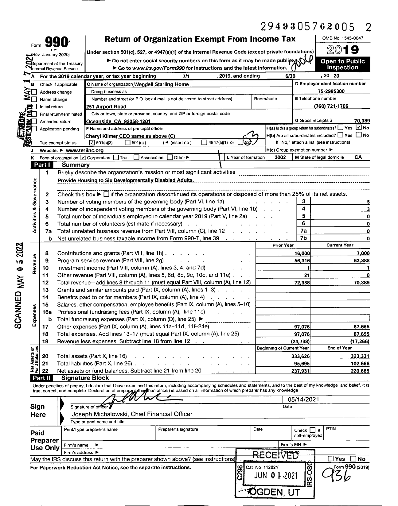 Image of first page of 2019 Form 990 for Wendell Starling Home