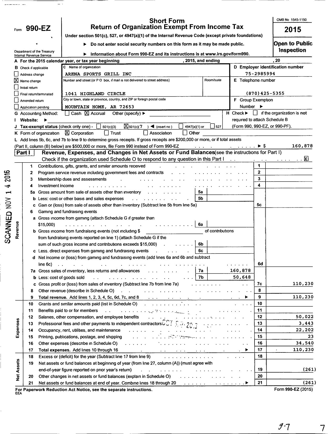 Image of first page of 2015 Form 990EO for Arena Sports Grill