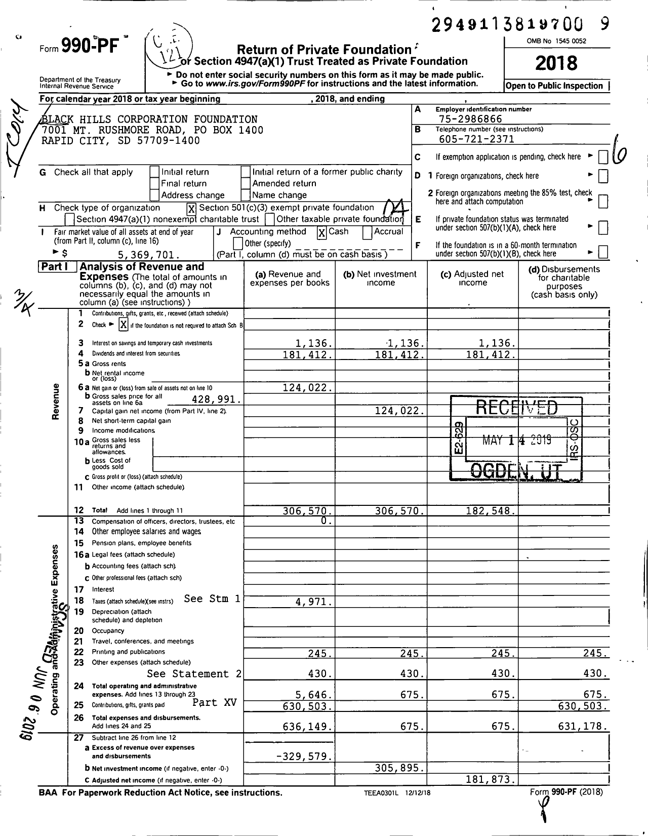 Image of first page of 2018 Form 990PF for Black Hills Corporation Foundation
