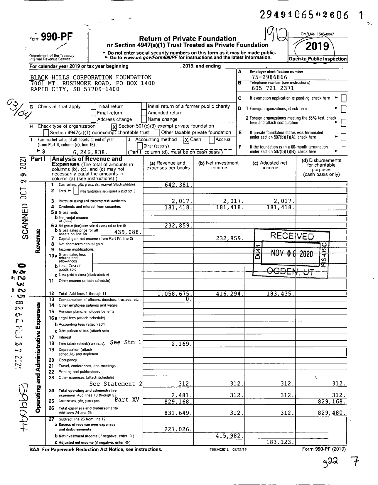 Image of first page of 2019 Form 990PF for Black Hills Corporation Foundation